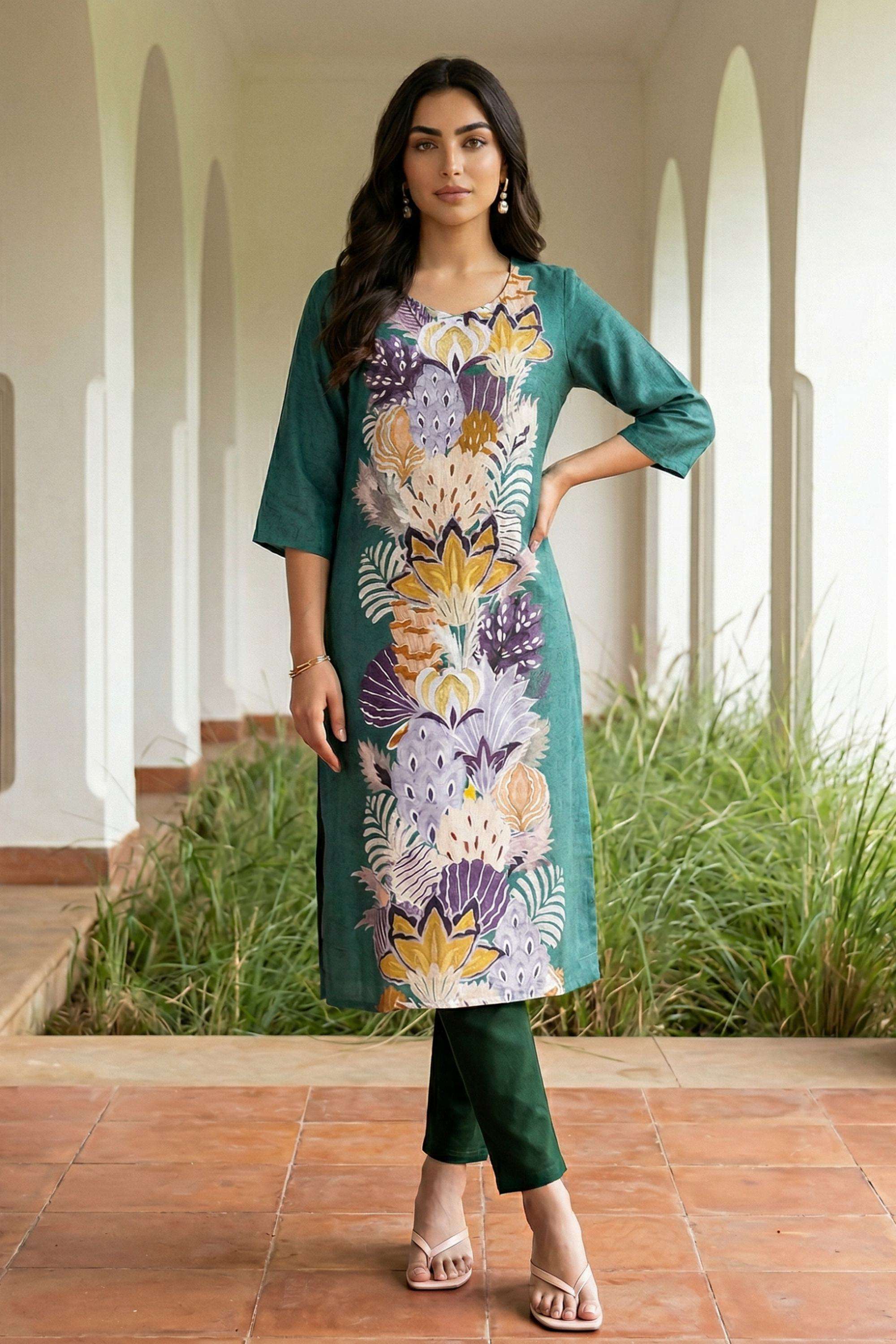 Floral-Blended-Fabric-Round-Neck-Women-Kurta