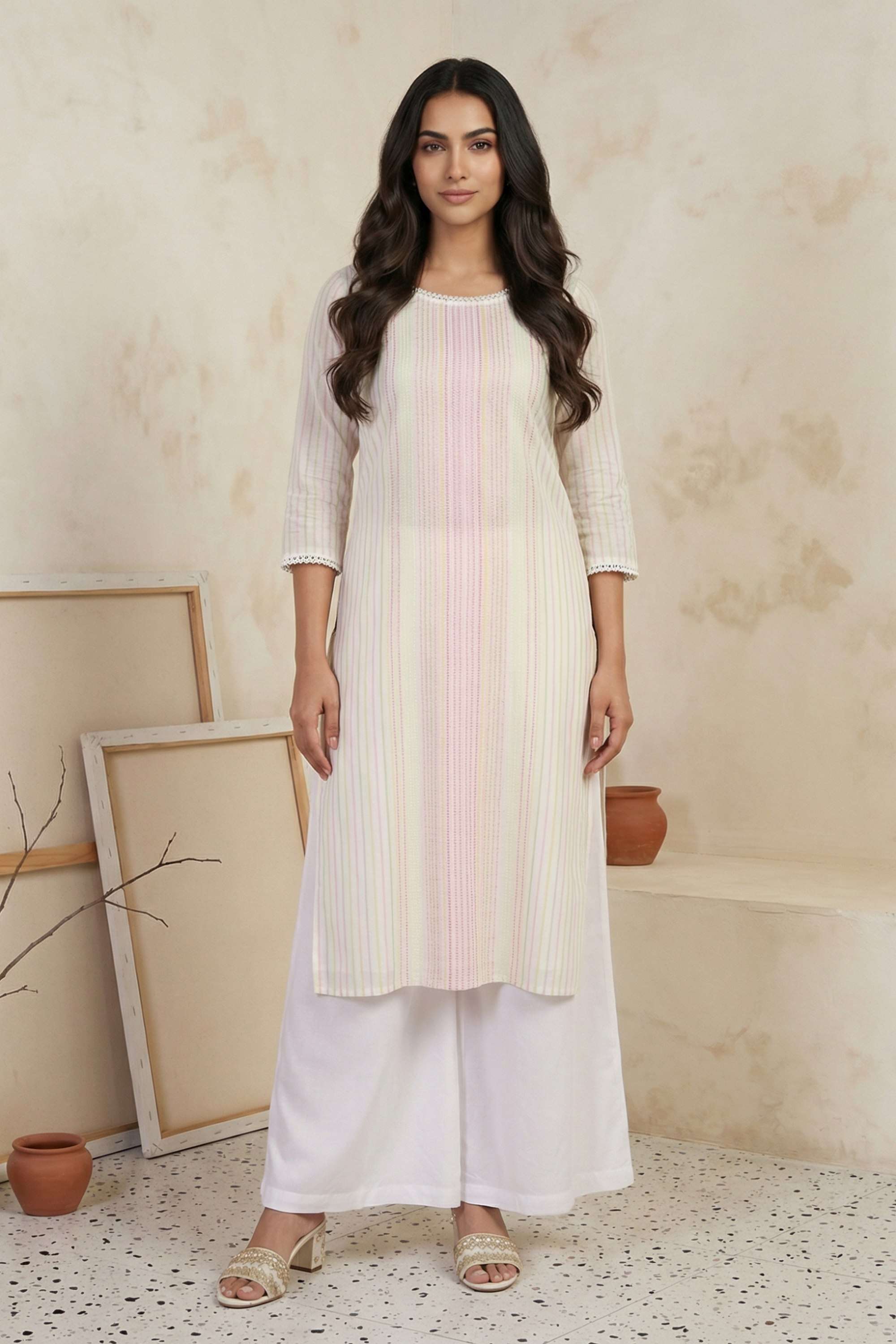 Stripes-Cotton-Round-Neck-Women-Festive-Wear-Kurta