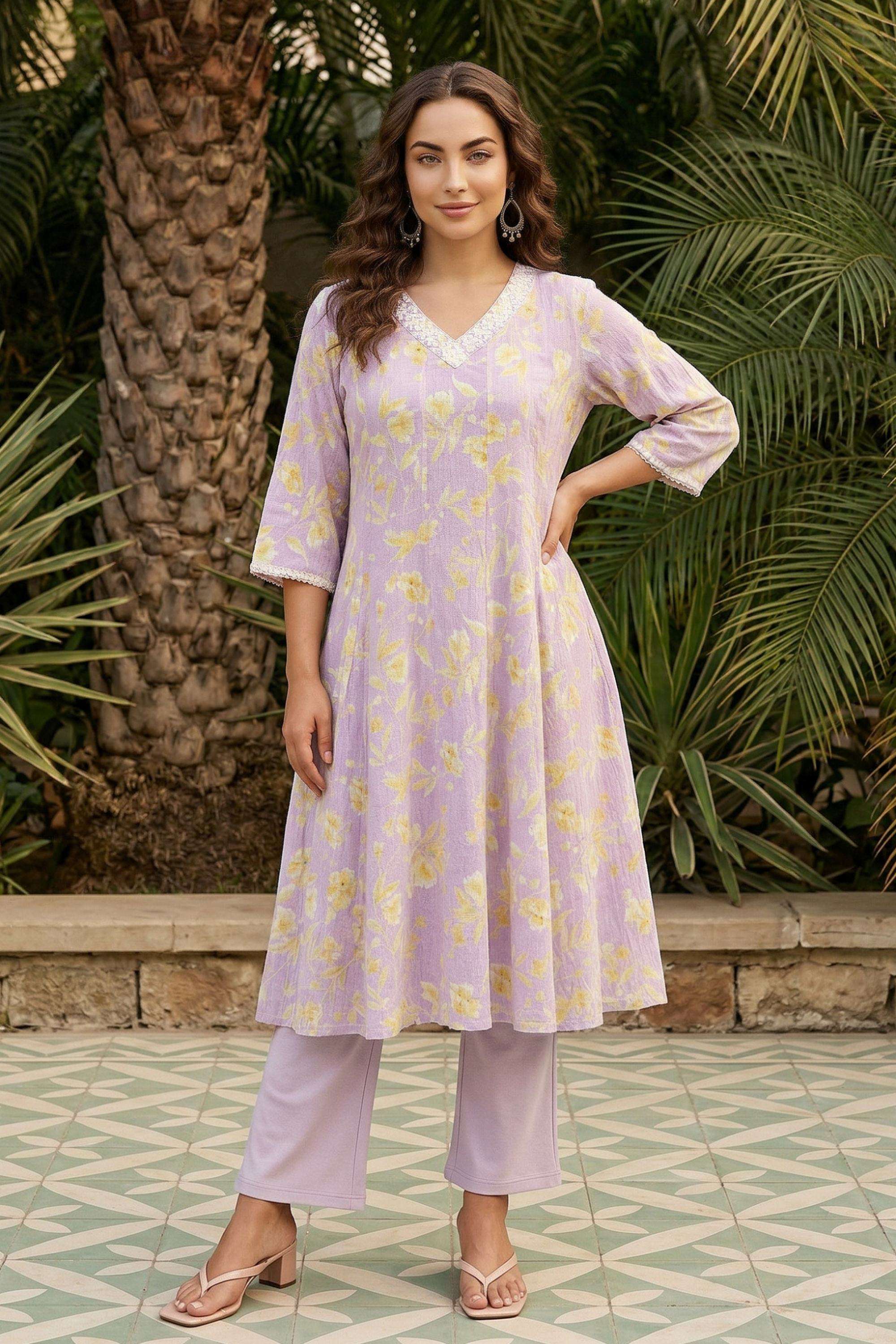 Floral-Blended-Fabric-V-Neck-Women-Kurta
