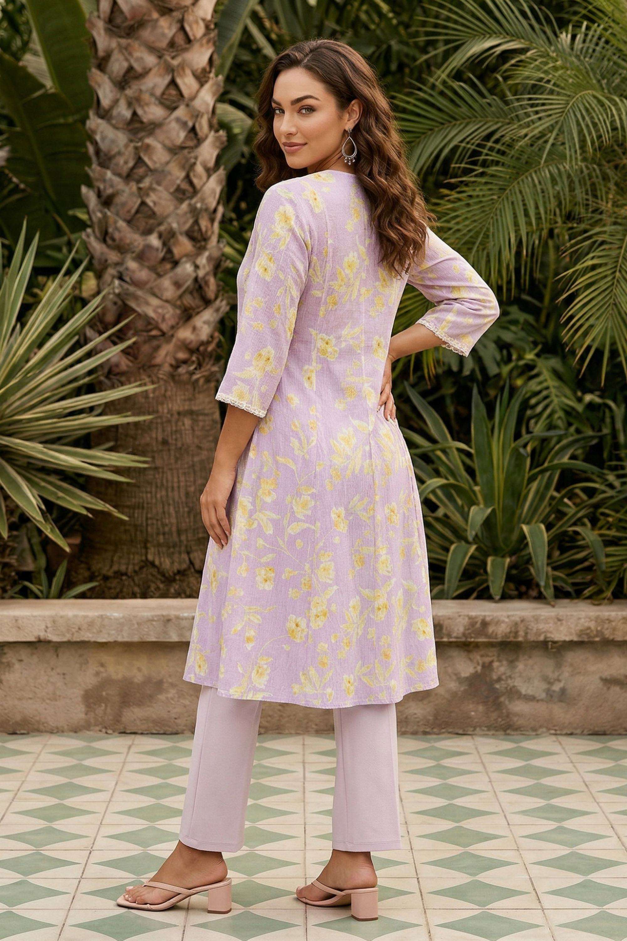 Floral-Blended-Fabric-V-Neck-Women-Kurta