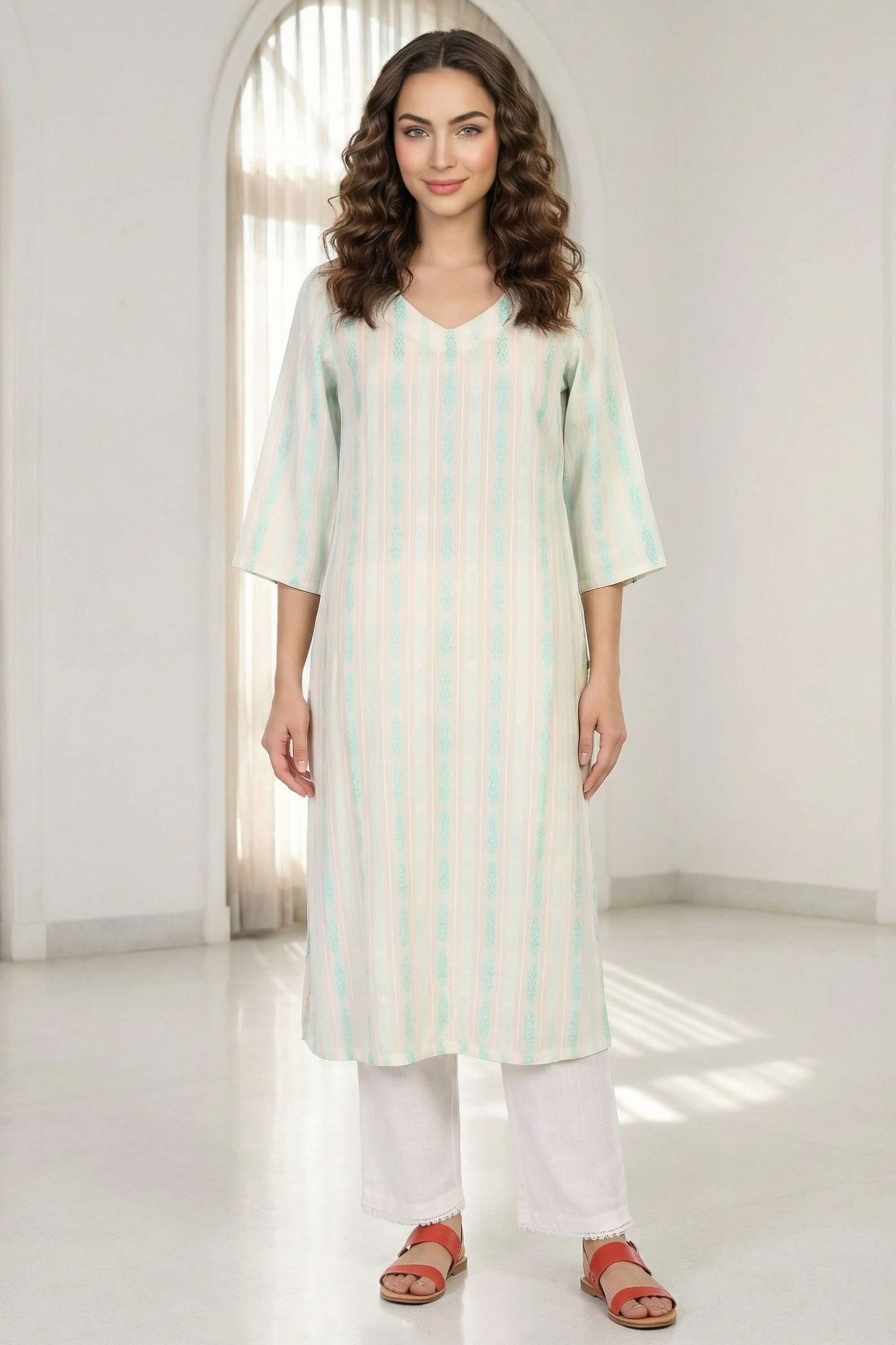 Stripes-Blended-Fabric-V-Neck-Women-s-Festive-Wear-Kurta
