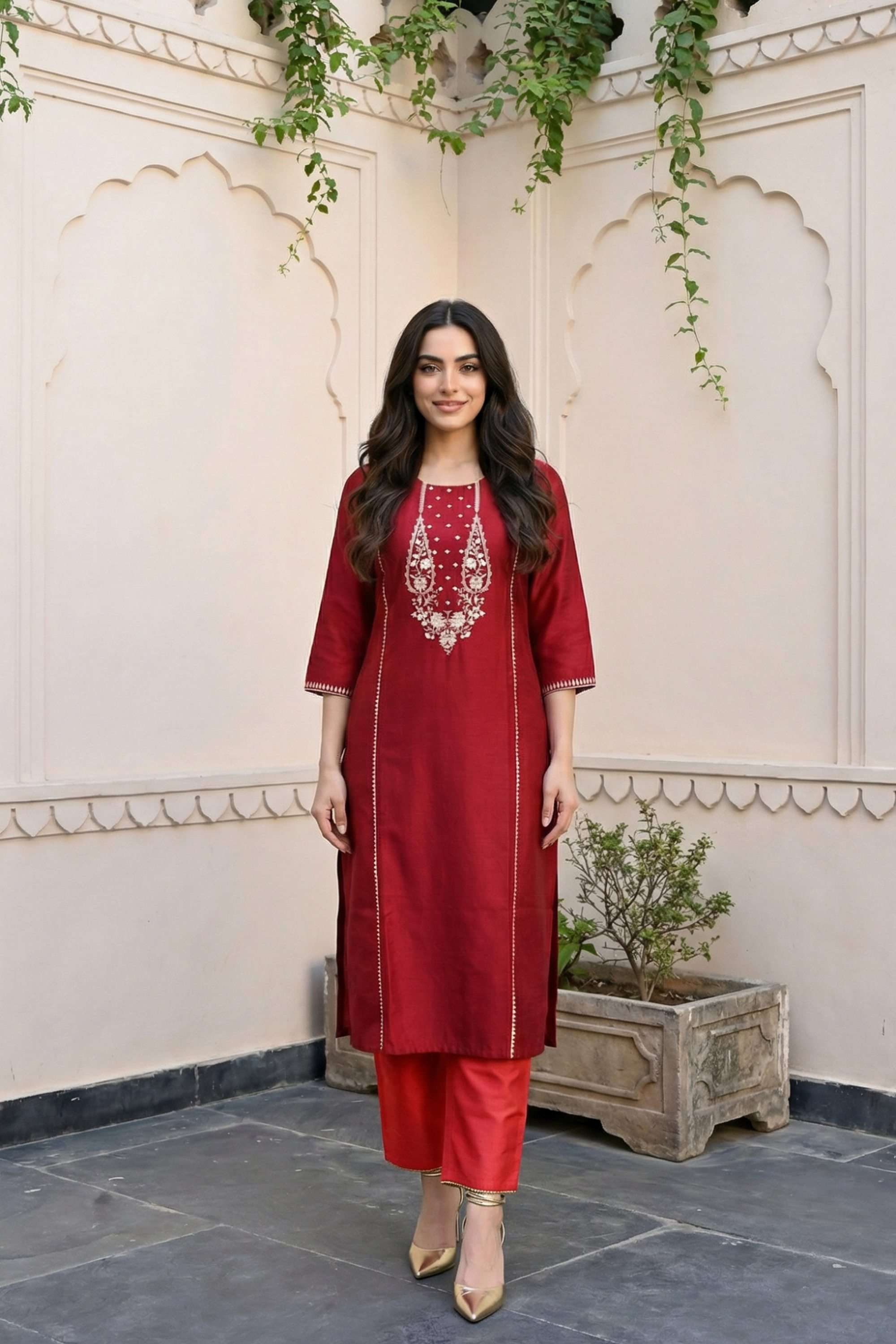 Embroidered-Blended-Fabric-Round-Neck-Women-s-Festive-Wear-Kurta