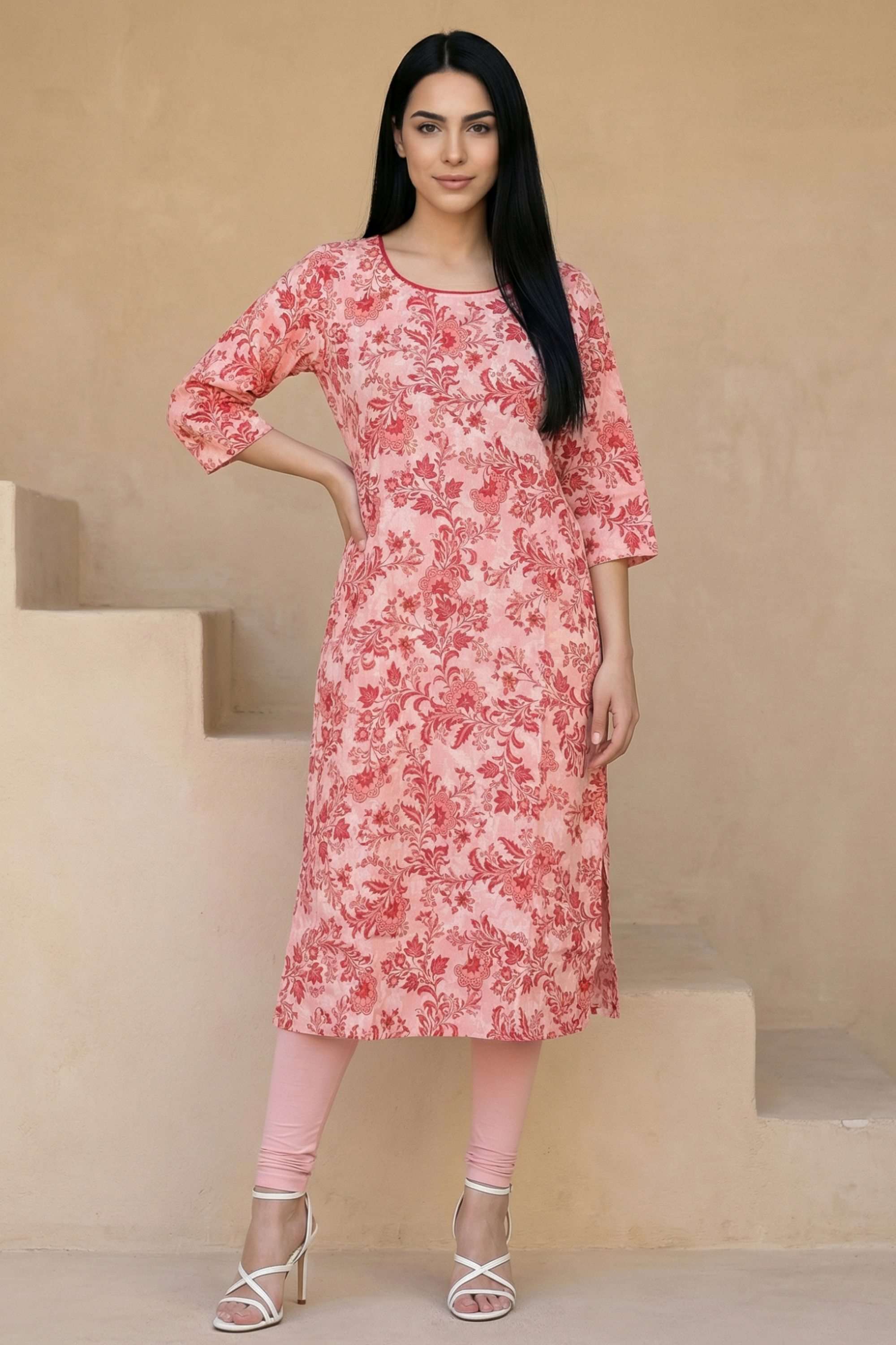 Floral-Blended-Fabric-Round-Neck-Women-Kurta