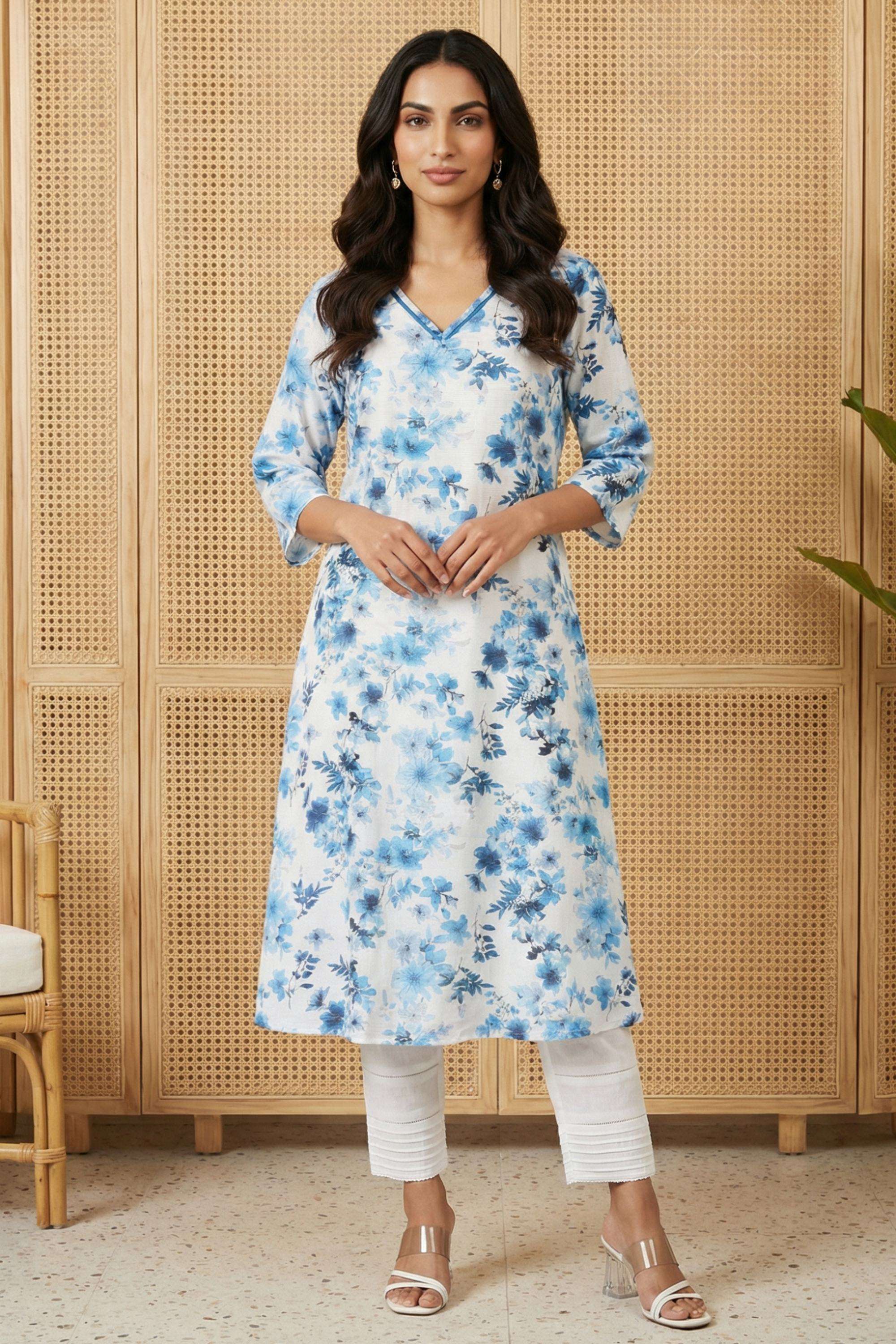Floral-Blended-Fabric-V-Neck-Women-Kurta
