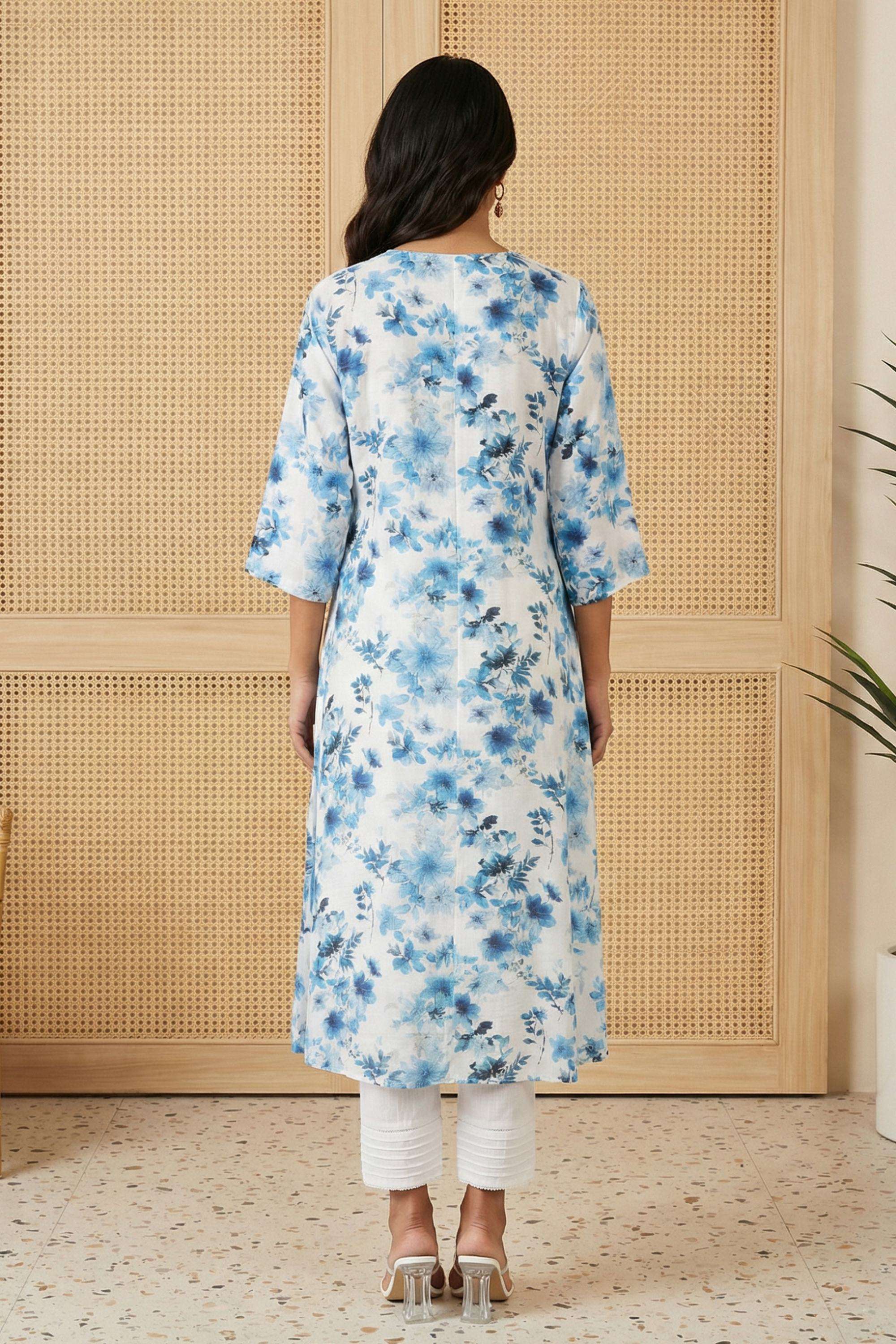 Floral-Blended-Fabric-V-Neck-Women-Kurta