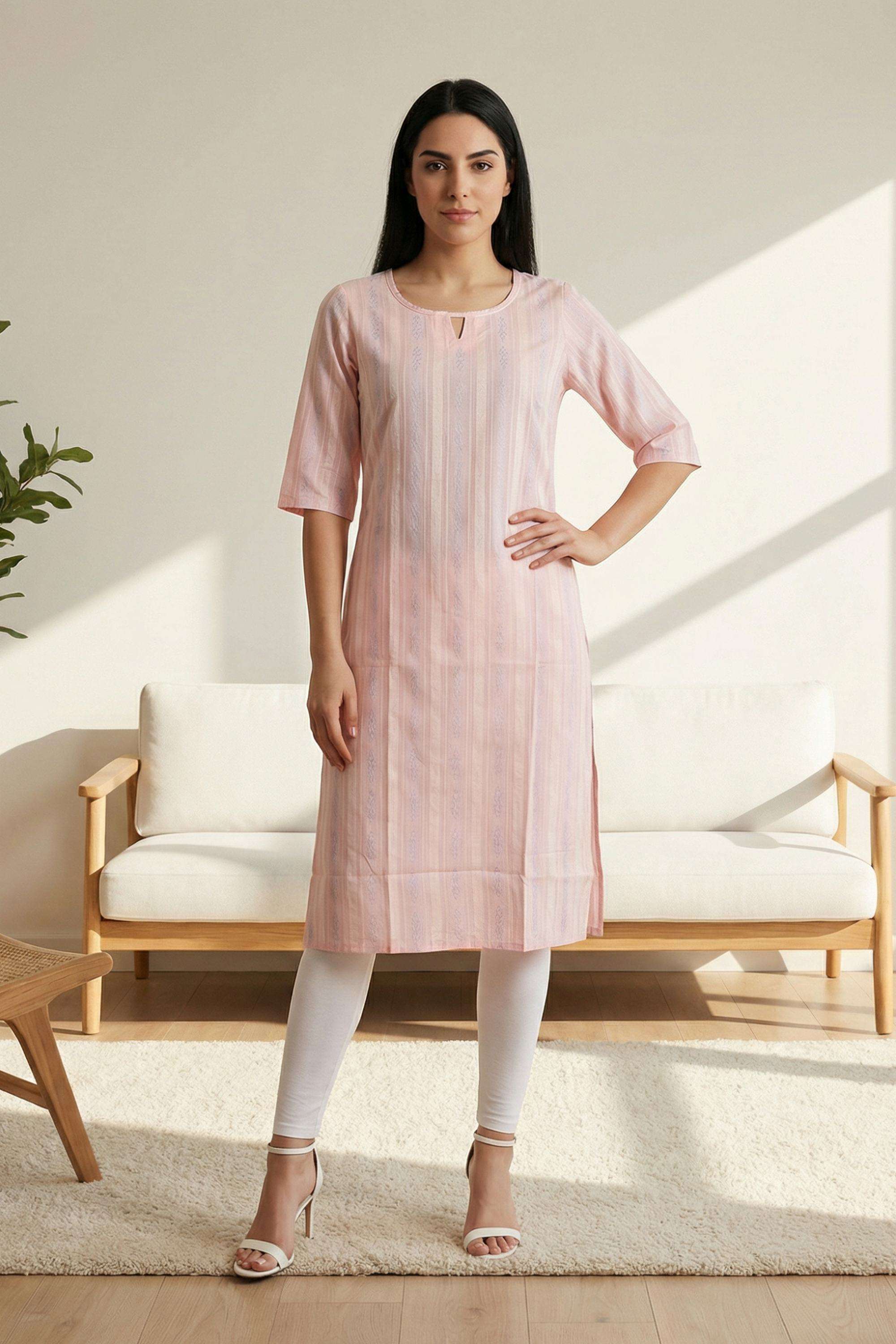 Stripes-Blended-Fabric-Round-Neck-Women-Kurta