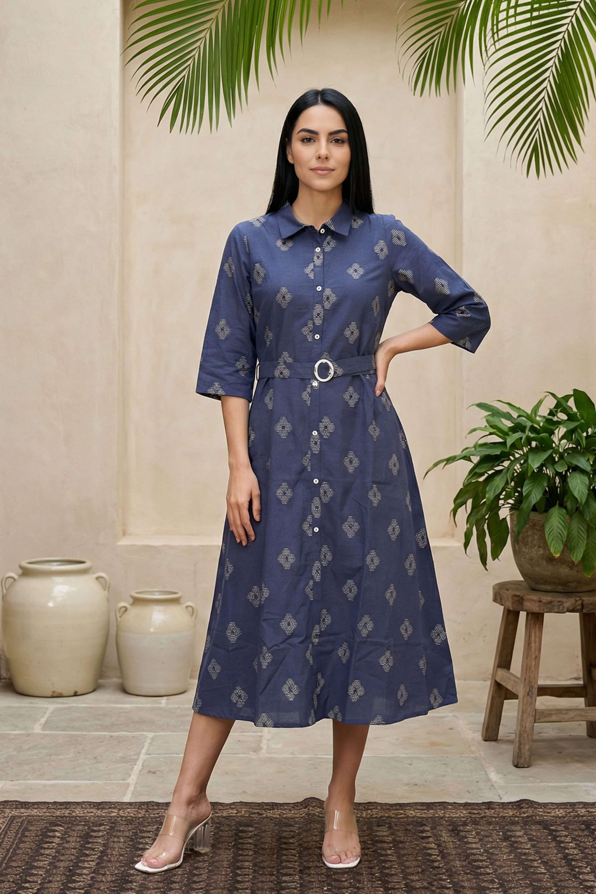 Geometric-Print-Collared-Blended-Fabric-Women-Dress