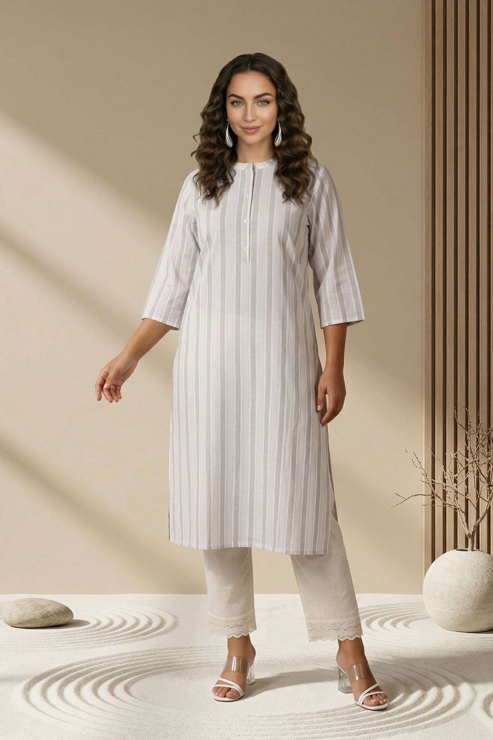 Stripes-Blended-Fabric-Round-Neck-Women-Kurta