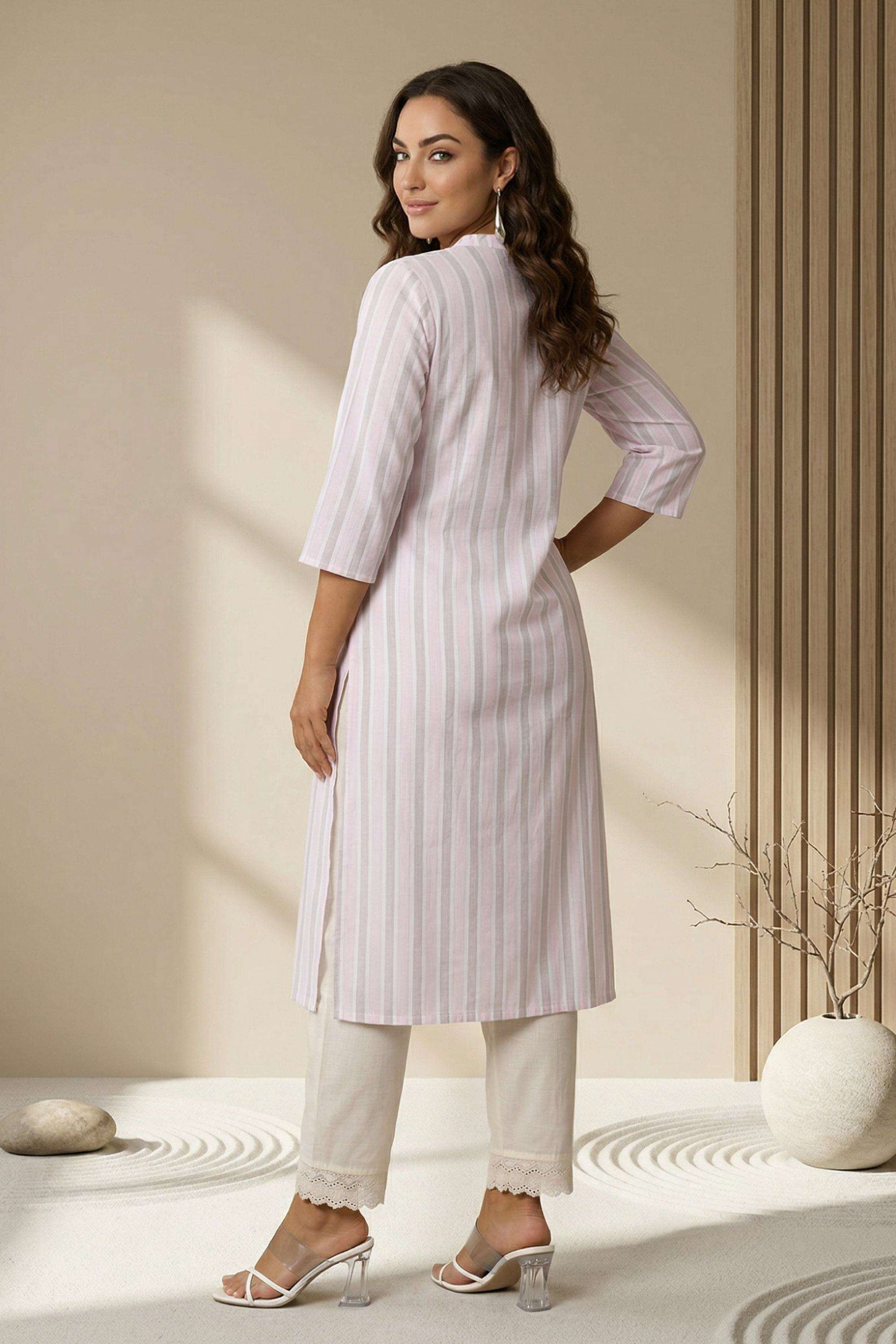 Stripes-Blended-Fabric-Round-Neck-Women-Kurta