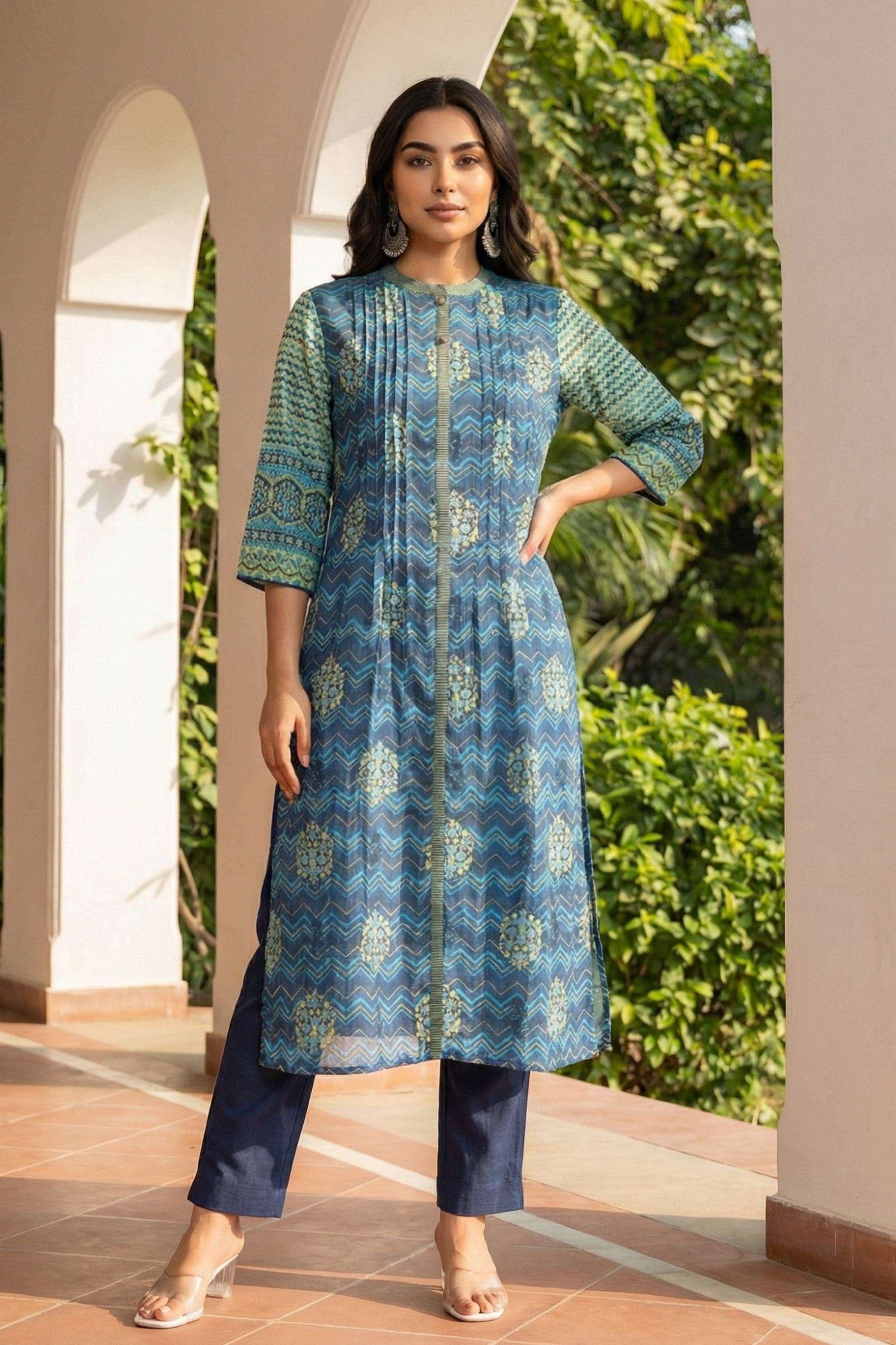 Geometric-Print-Viscose-Round-Neck-Women-s-Top