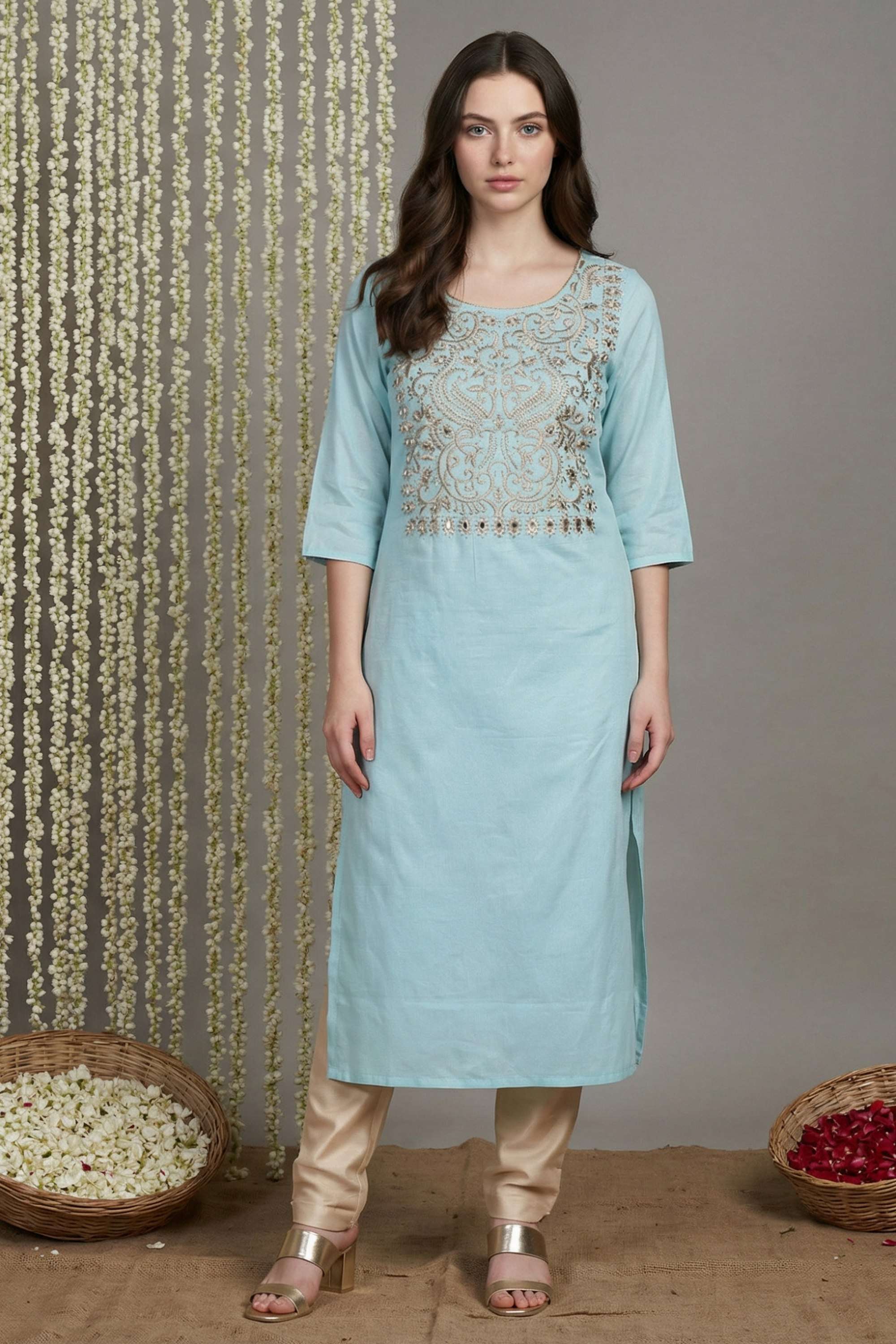 Embroidered-Viscose-Round-Neck-Women-Festive-Wear-Kurta