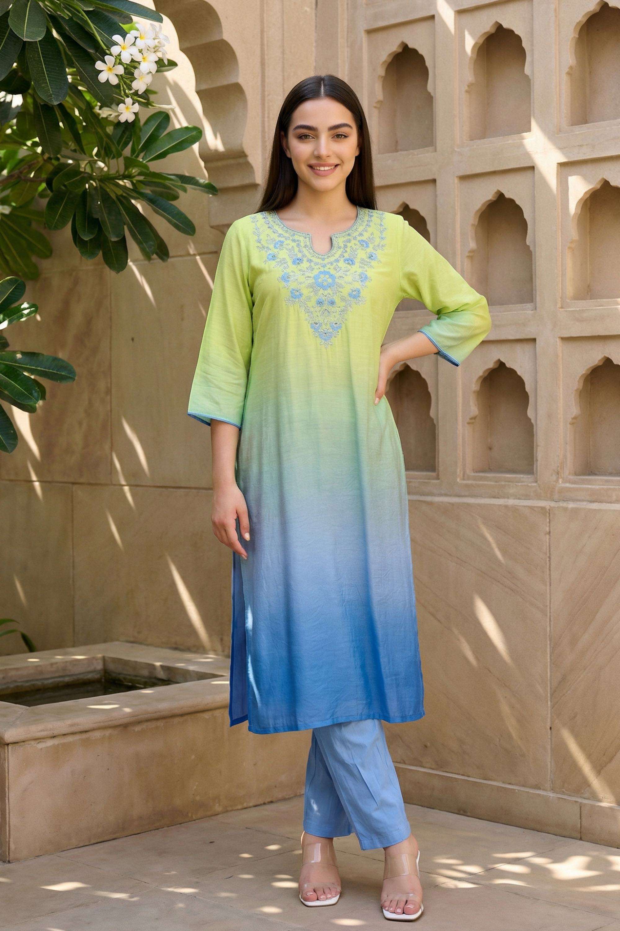 Ombre-Viscose-Round-Neck-Women-s-Festive-Wear-Kurta