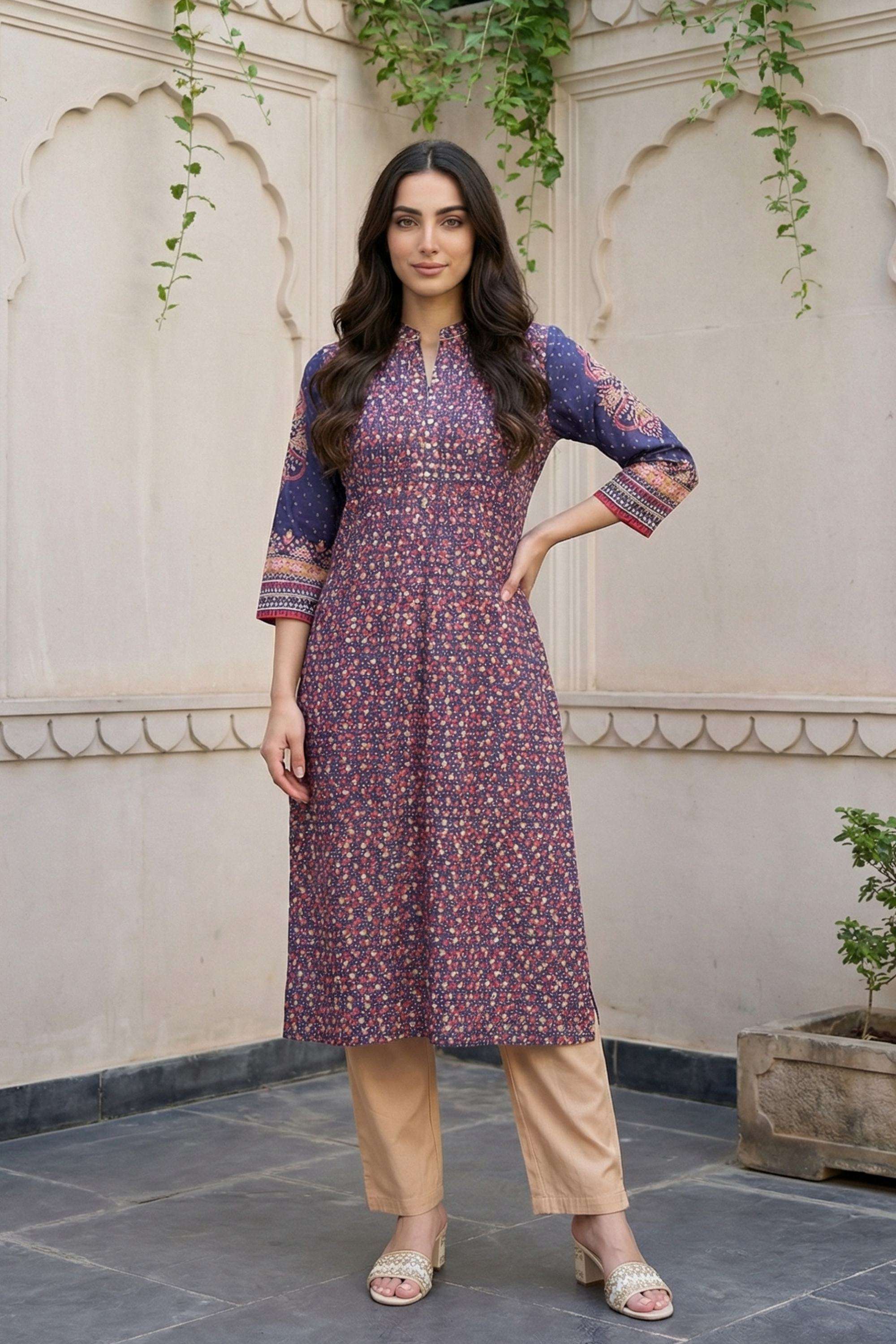 Floral-Blended-Fabric-Round-Neck-Women-s-Top