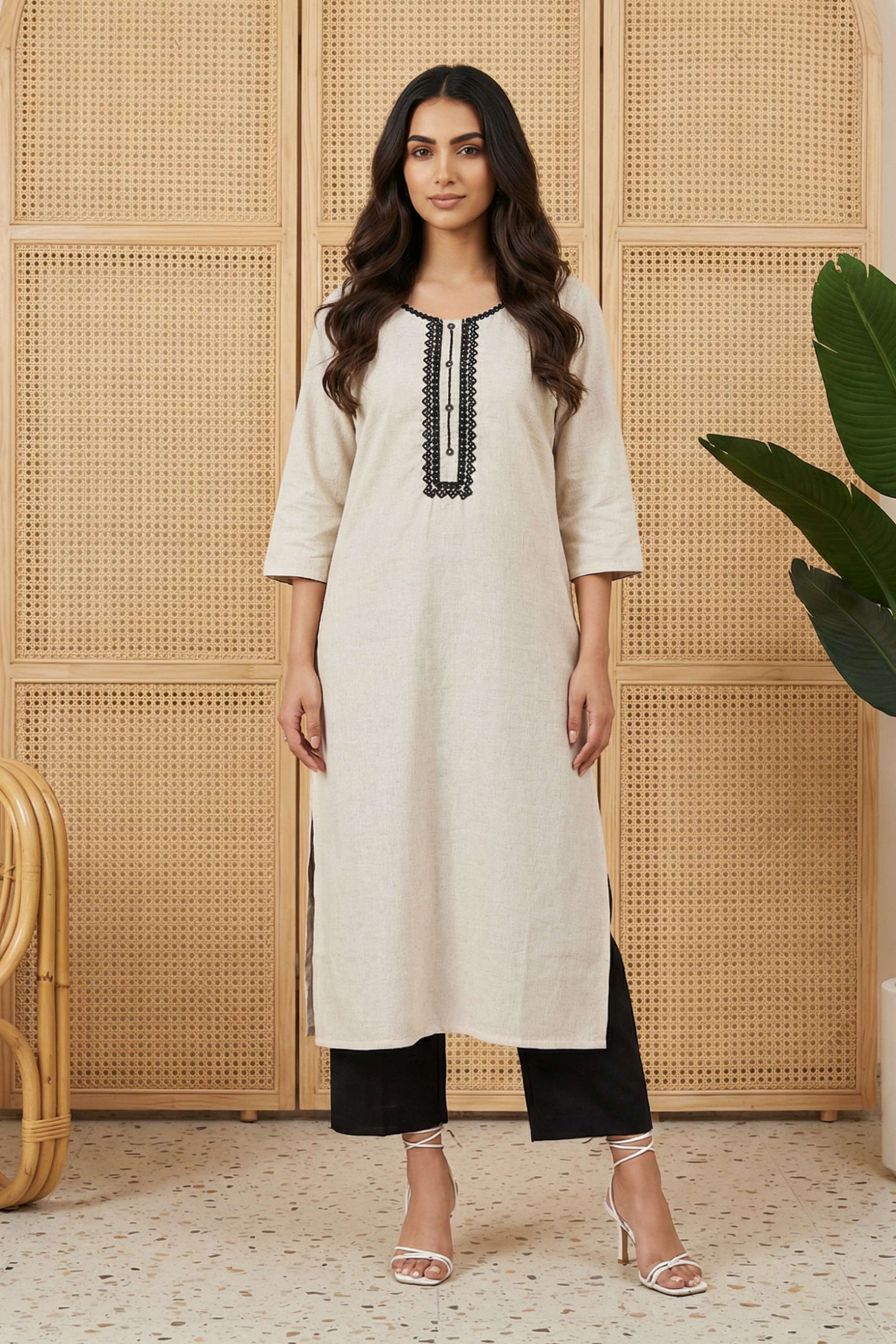 Embroidered-Cotton-Blend-Round-Neck-Women-Festive-Wear-Kurta