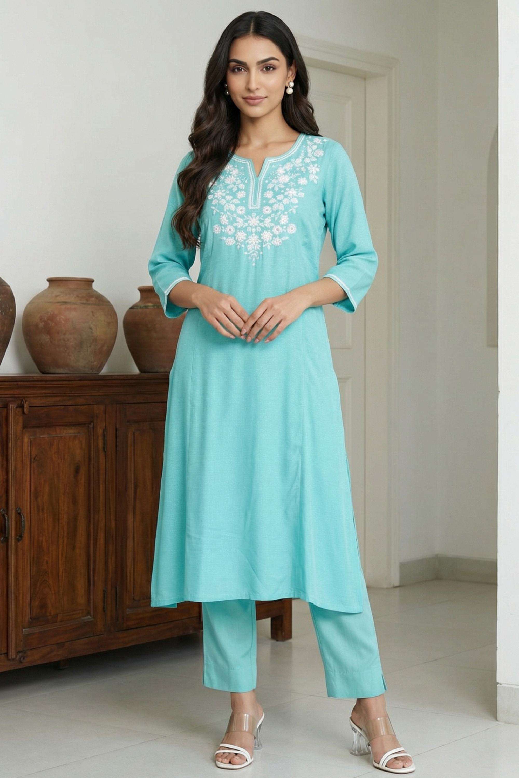 Embroidered-Rayon-Round-Neck-Women-Kurta