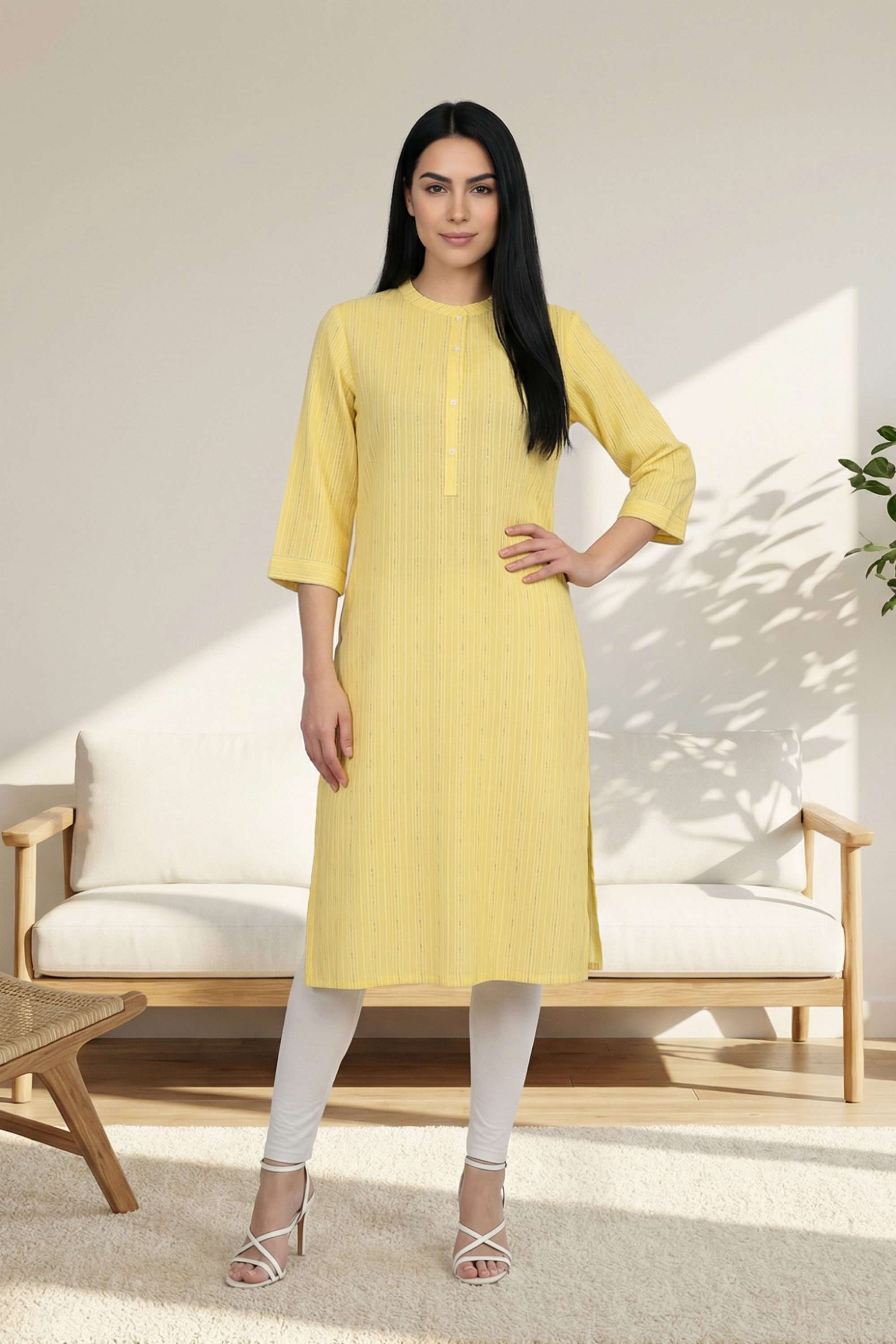 Stripes-Blended-Fabric-Round-Neck-Women-s-Festive-Wear-Kurta