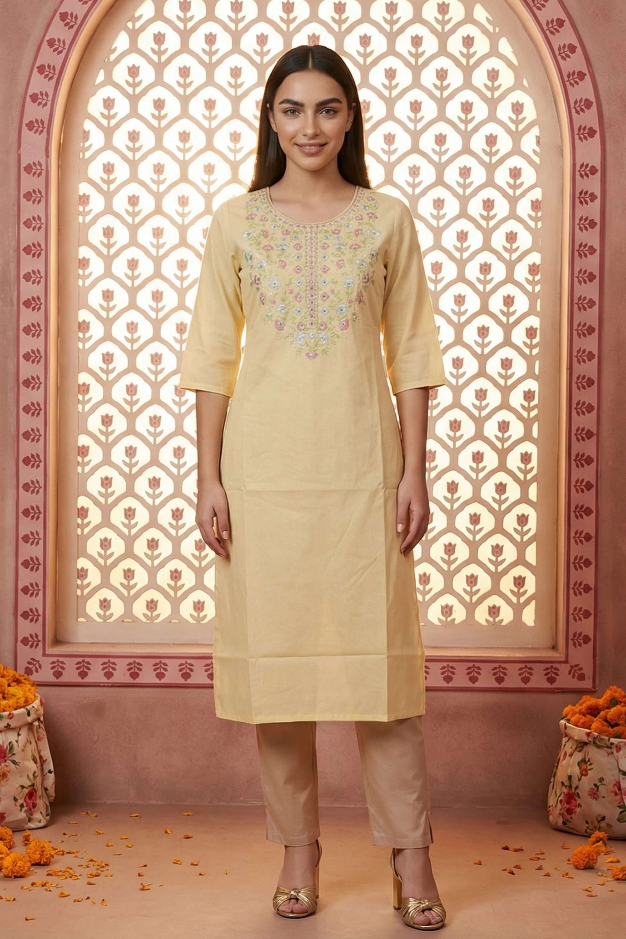 Embroidered-Blended-Fabric-Round-Neck-Women-s-Festive-Wear-Kurta