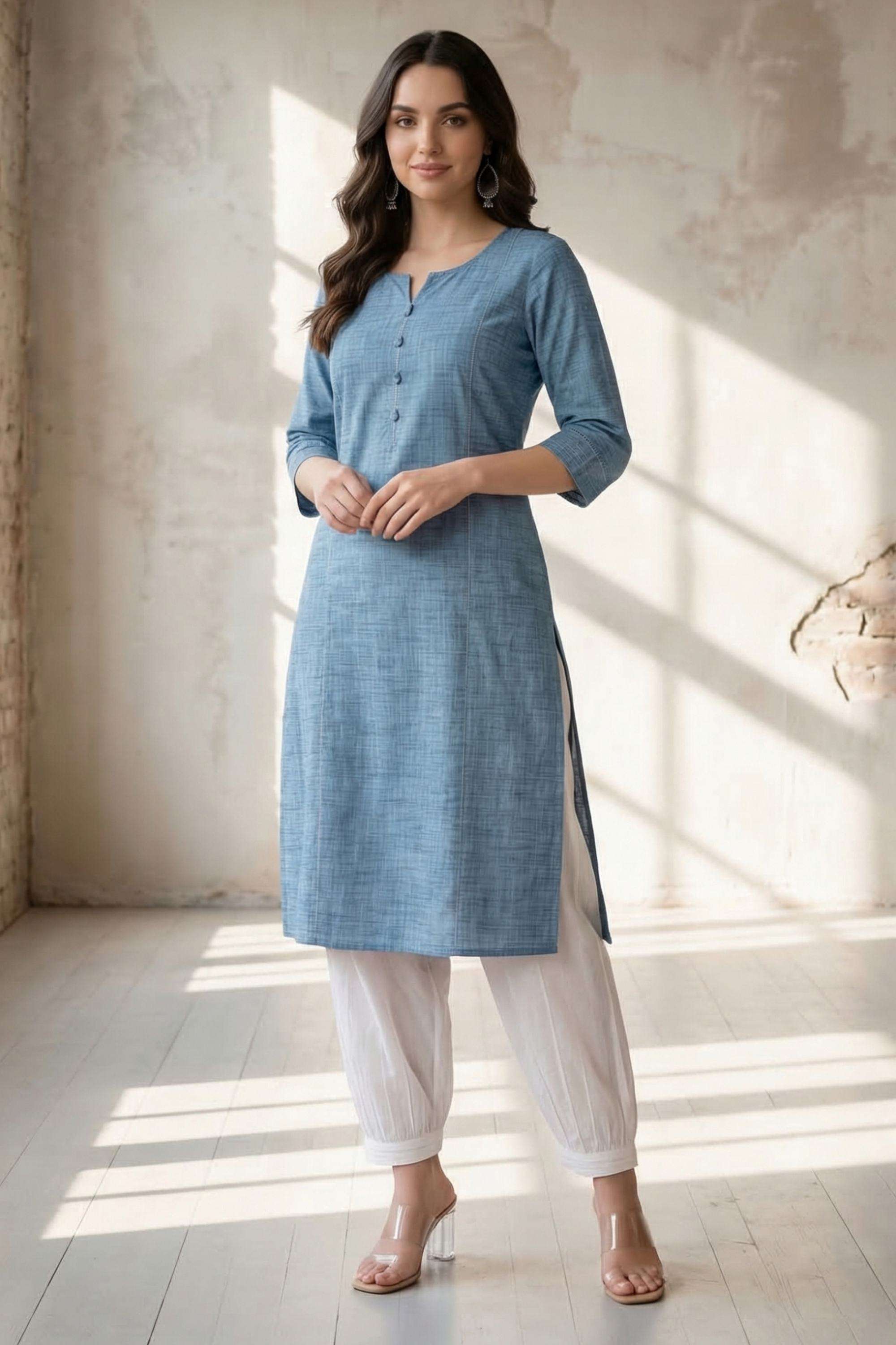 Solid-Blended-Fabric-Round-Neck-Women-Kurta