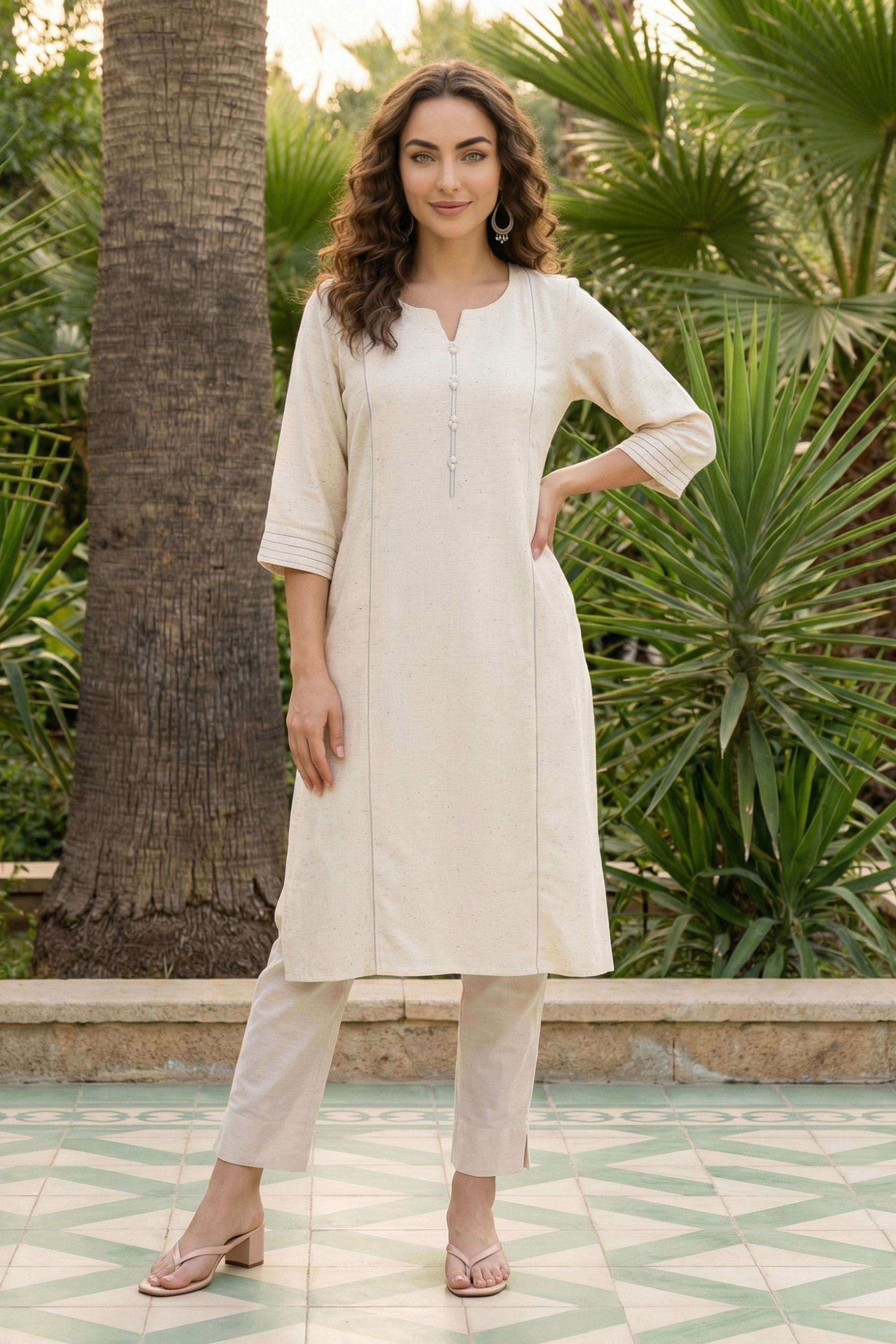 Solid-Blended-Fabric-Round-Neck-Women-Kurta