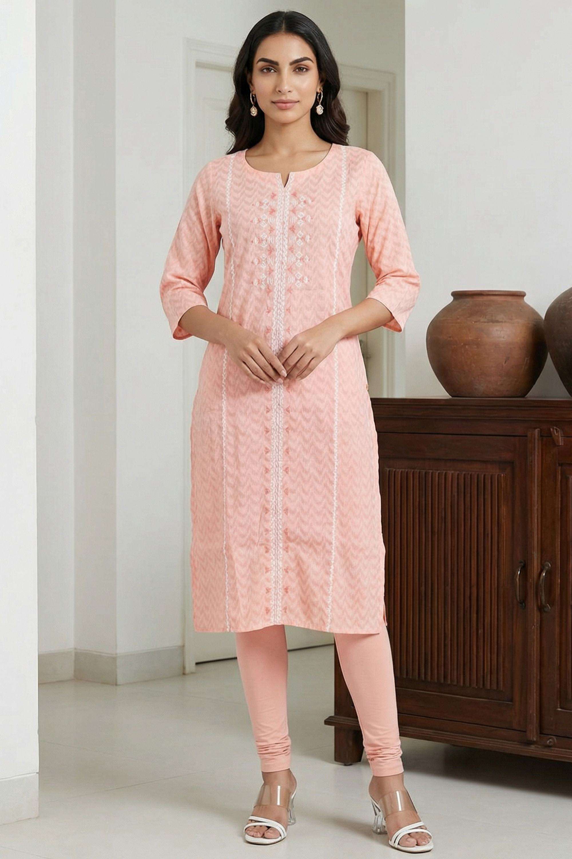 Embroidered-Blended-Fabric-Round-Neck-Women-Kurta