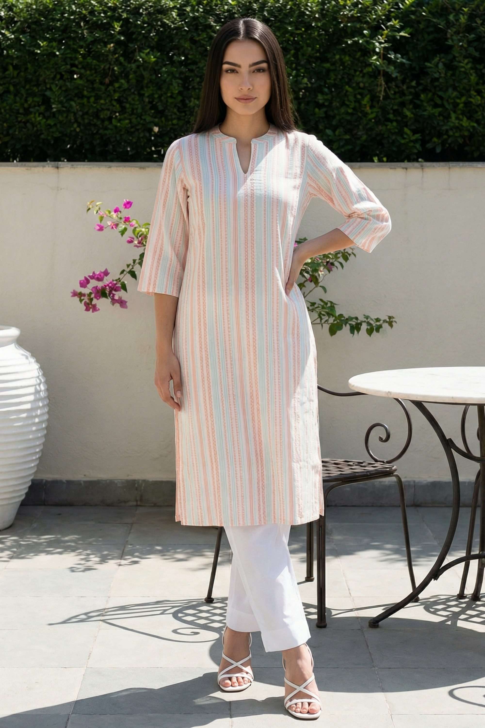 Stripes-Blended-Fabric-Round-Neck-Women-s-Festive-Wear-Kurta