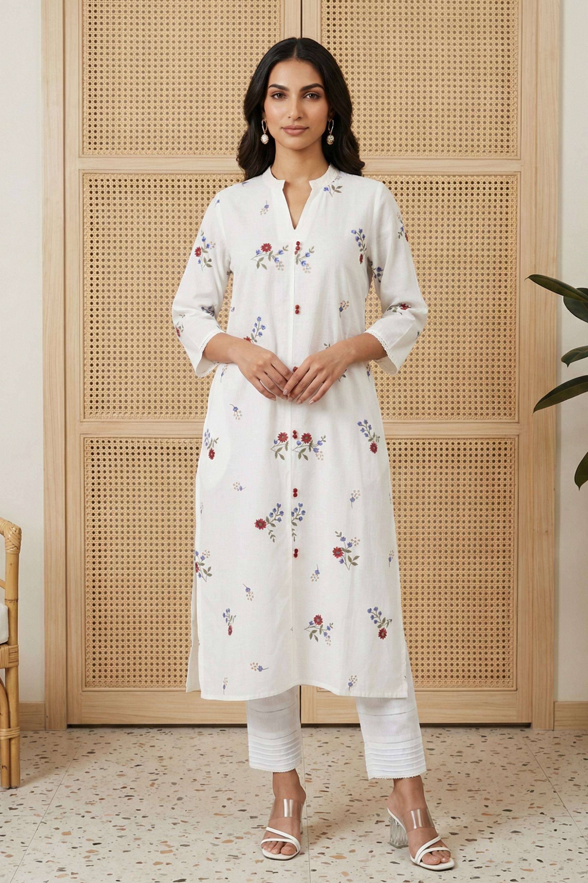 Embroidered-Blended-Fabric-Collared-Women-Kurta