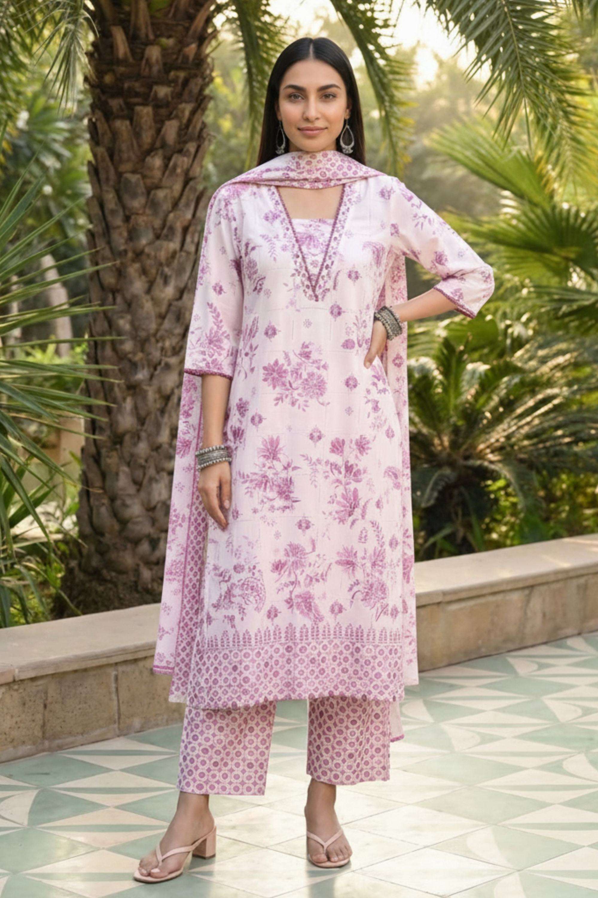 Floral-Blended-Fabric-V-Neck-Women-Kurta-with-Palazzo-and-Dupatta