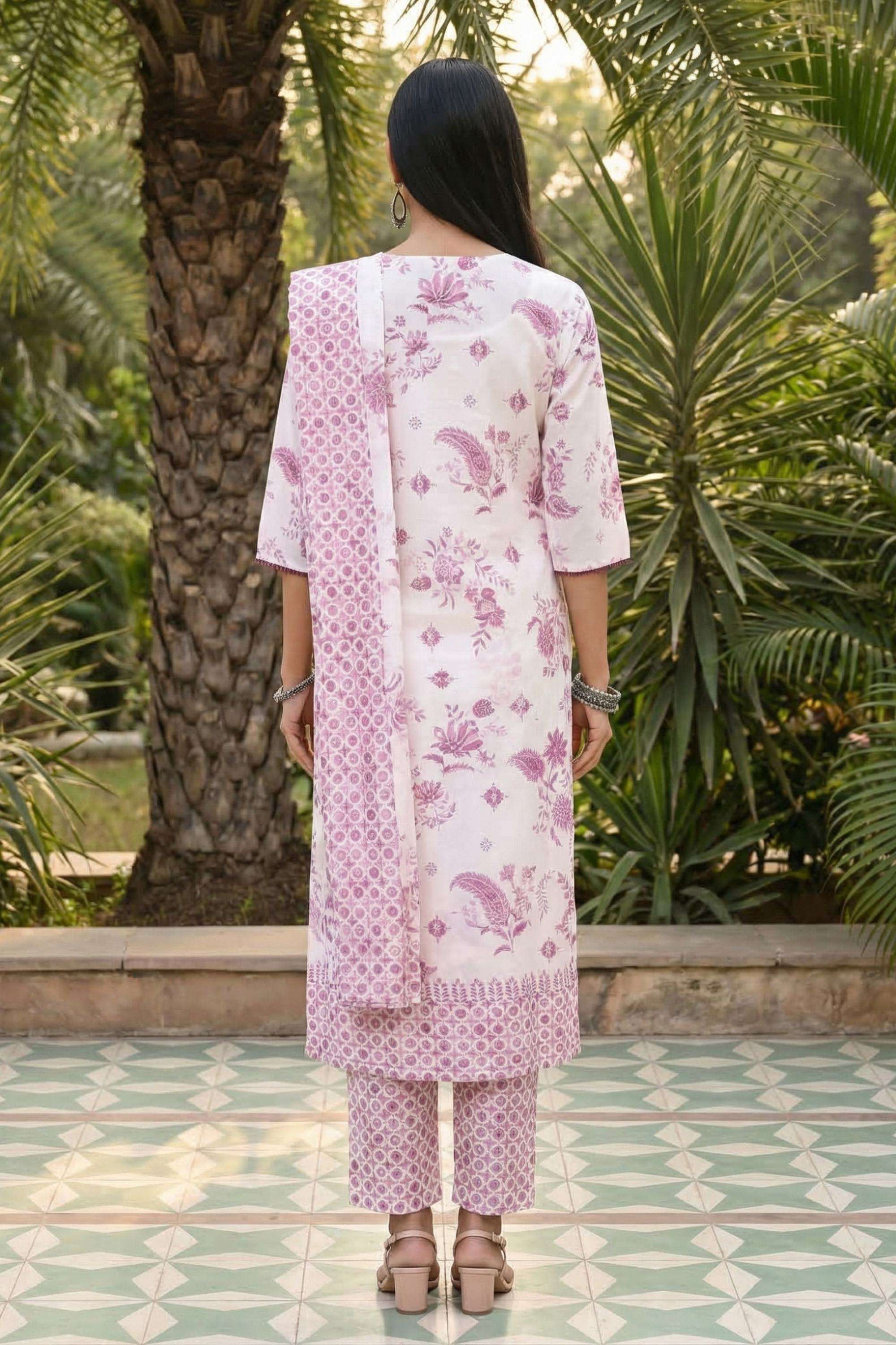 Floral-Blended-Fabric-V-Neck-Women-Kurta-with-Palazzo-and-Dupatta