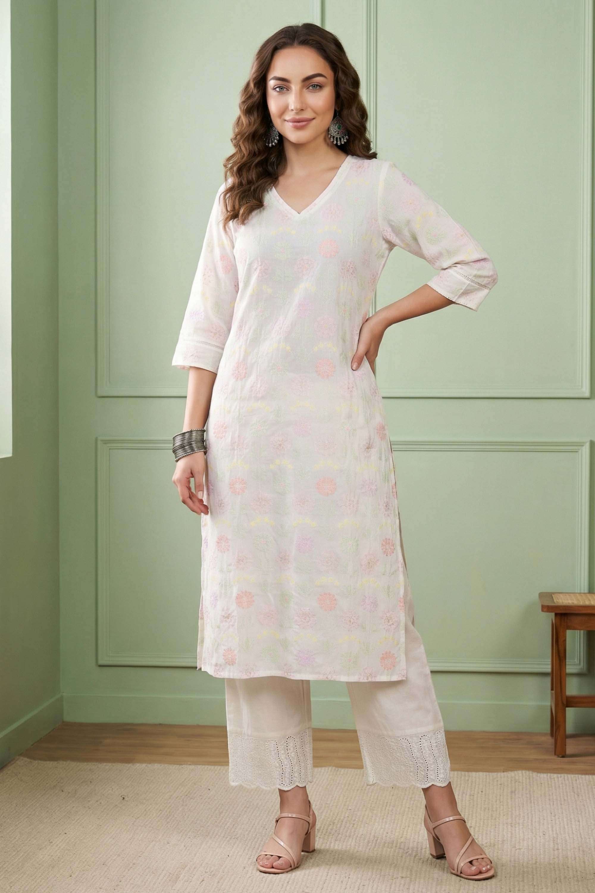 Embroidered-Cotton-V-Neck-Women-s-Kurta