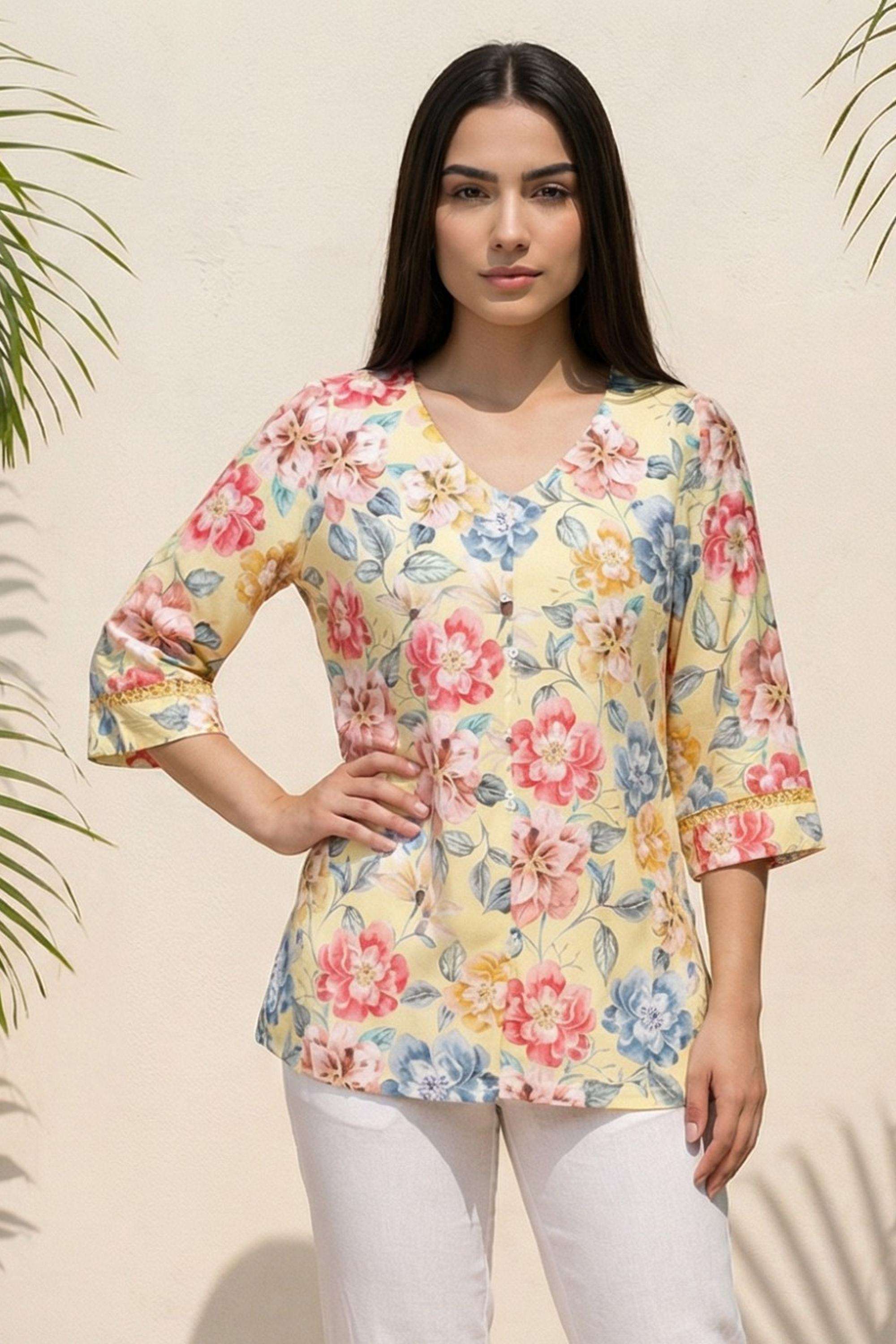 Floral-Rayon-V-Neck-Women-s-Top