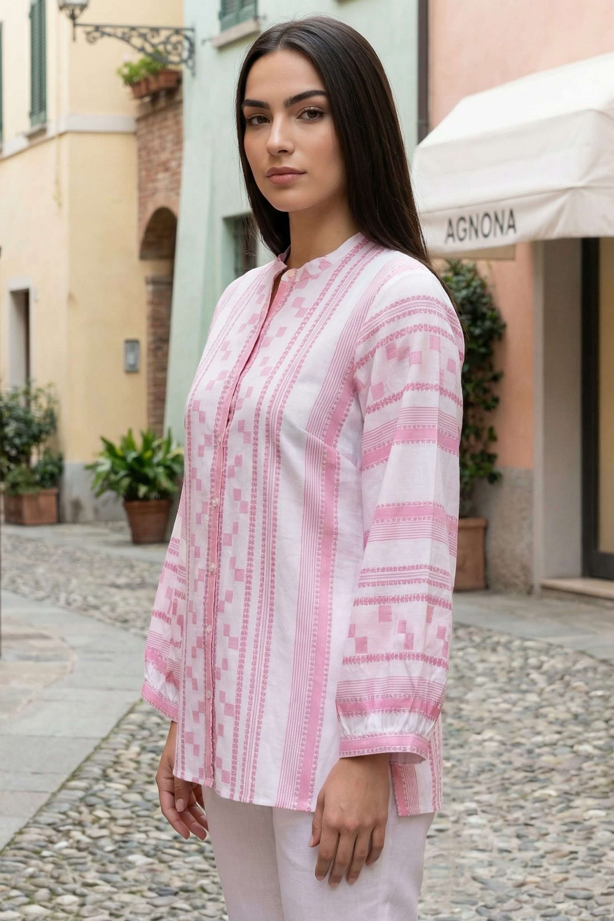 Geometric-Print-Blended-Fabric-Round-Neck-Women-s-Top