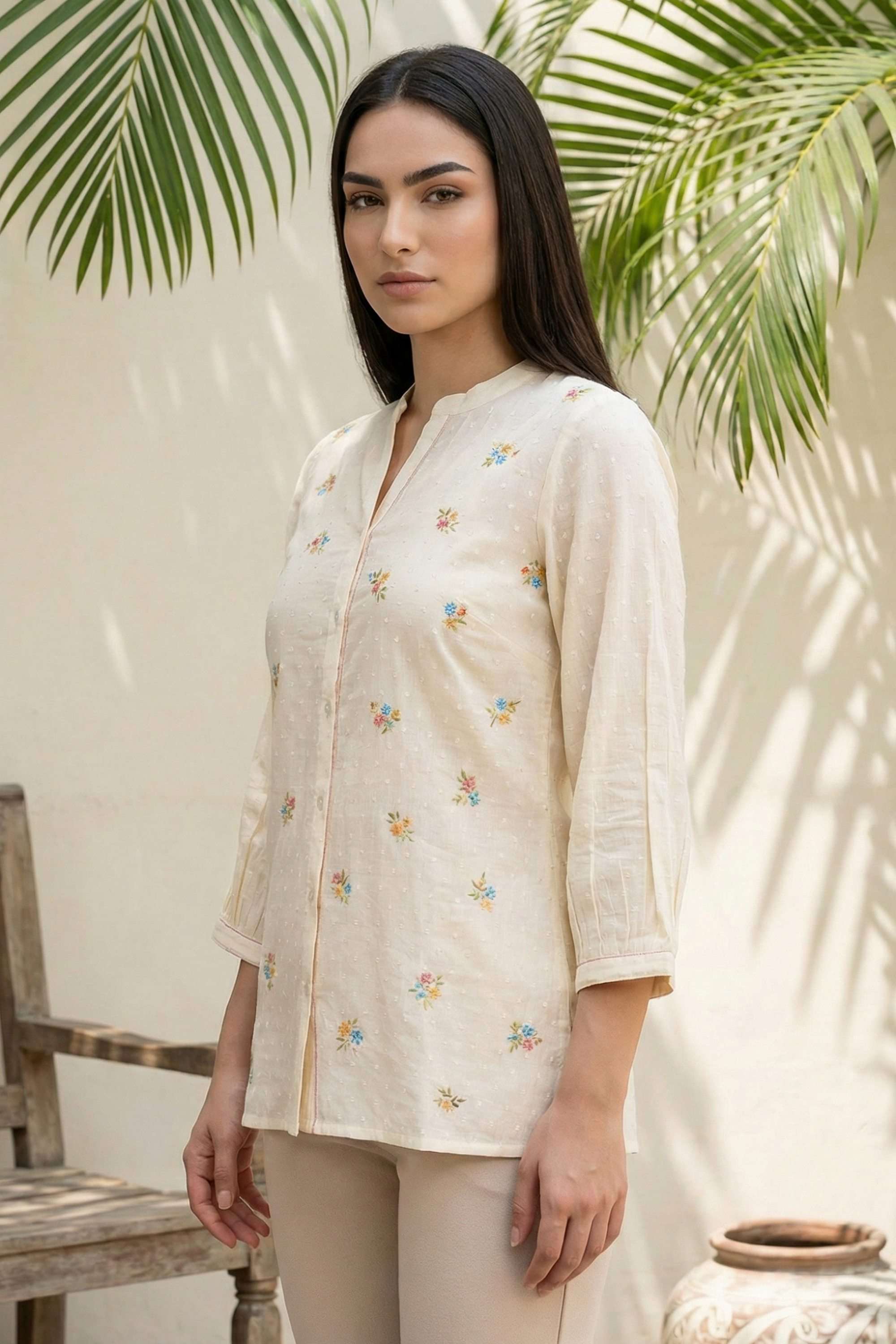 Embroidered-Blended-Fabric-Round-Neck-Women-s-Top