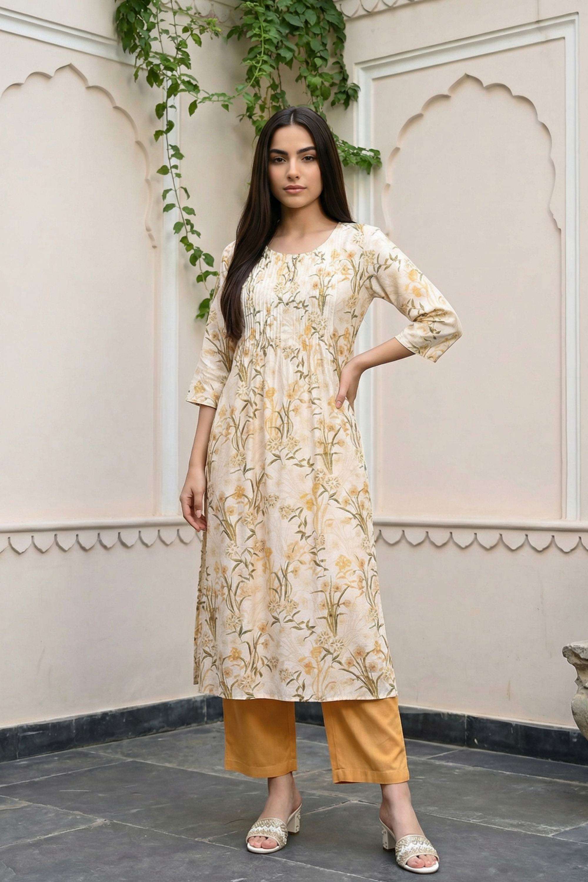 Floral-Rayon-Round-Neck-Women-Kurta-with-Pant