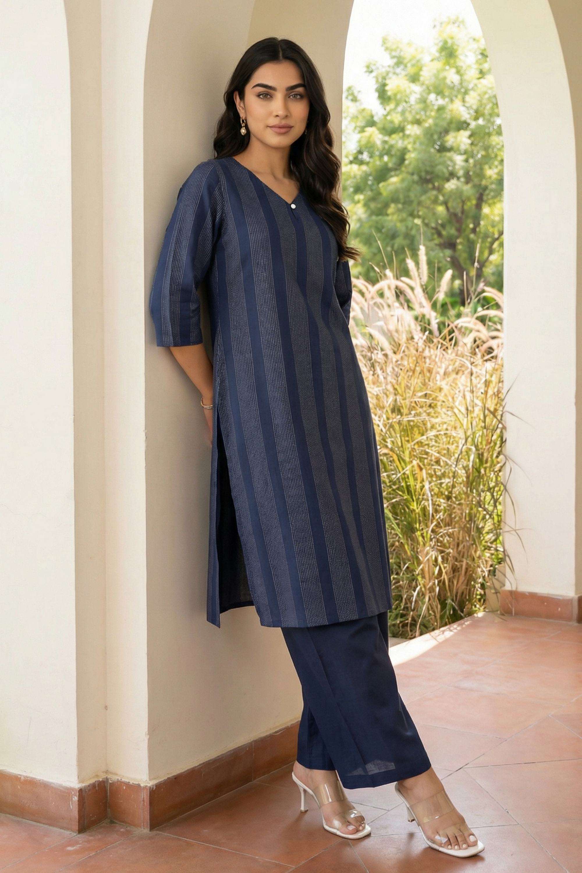 Stripes-Cotton-Blend-V-Neck-Women-s-Work-Kurta-Set