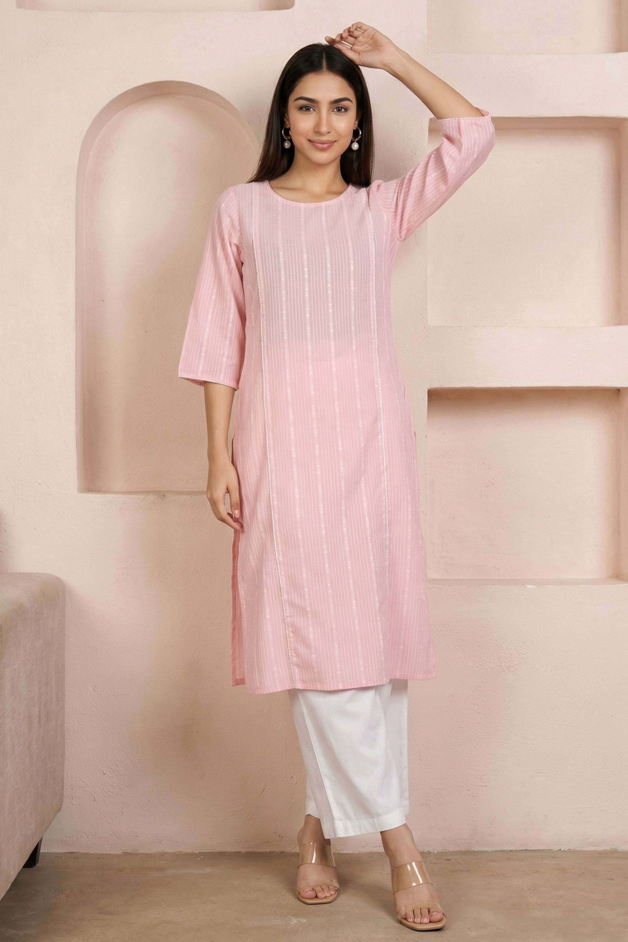 Stripes-Blended-Fabric-Round-Neck-Women-Kurta-with-Pant
