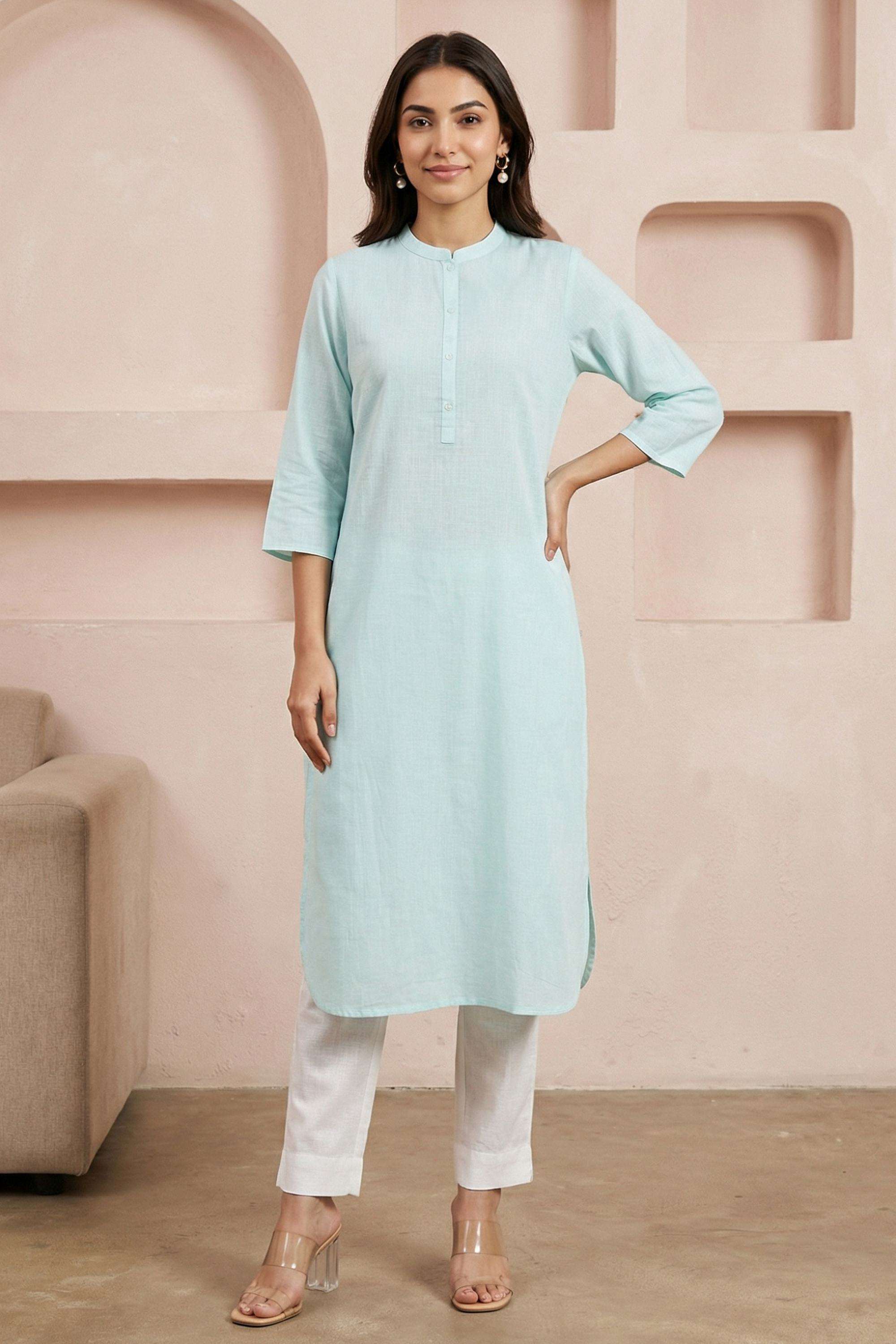 Solid-Blended-Fabric-Round-Neck-Women-s-Work-Kurta-Set