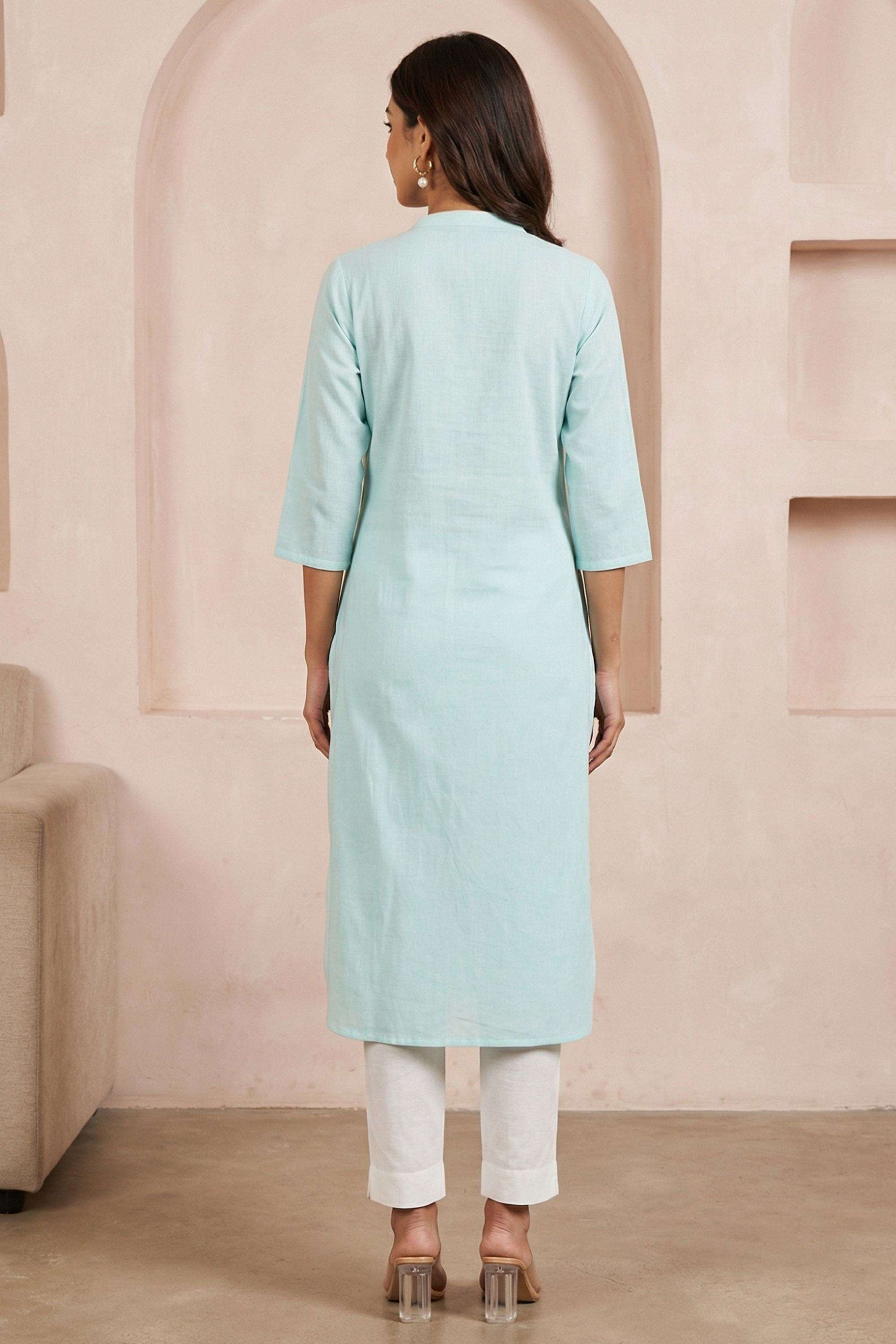 Solid-Blended-Fabric-Collared-Women-Kurta-with-Pant