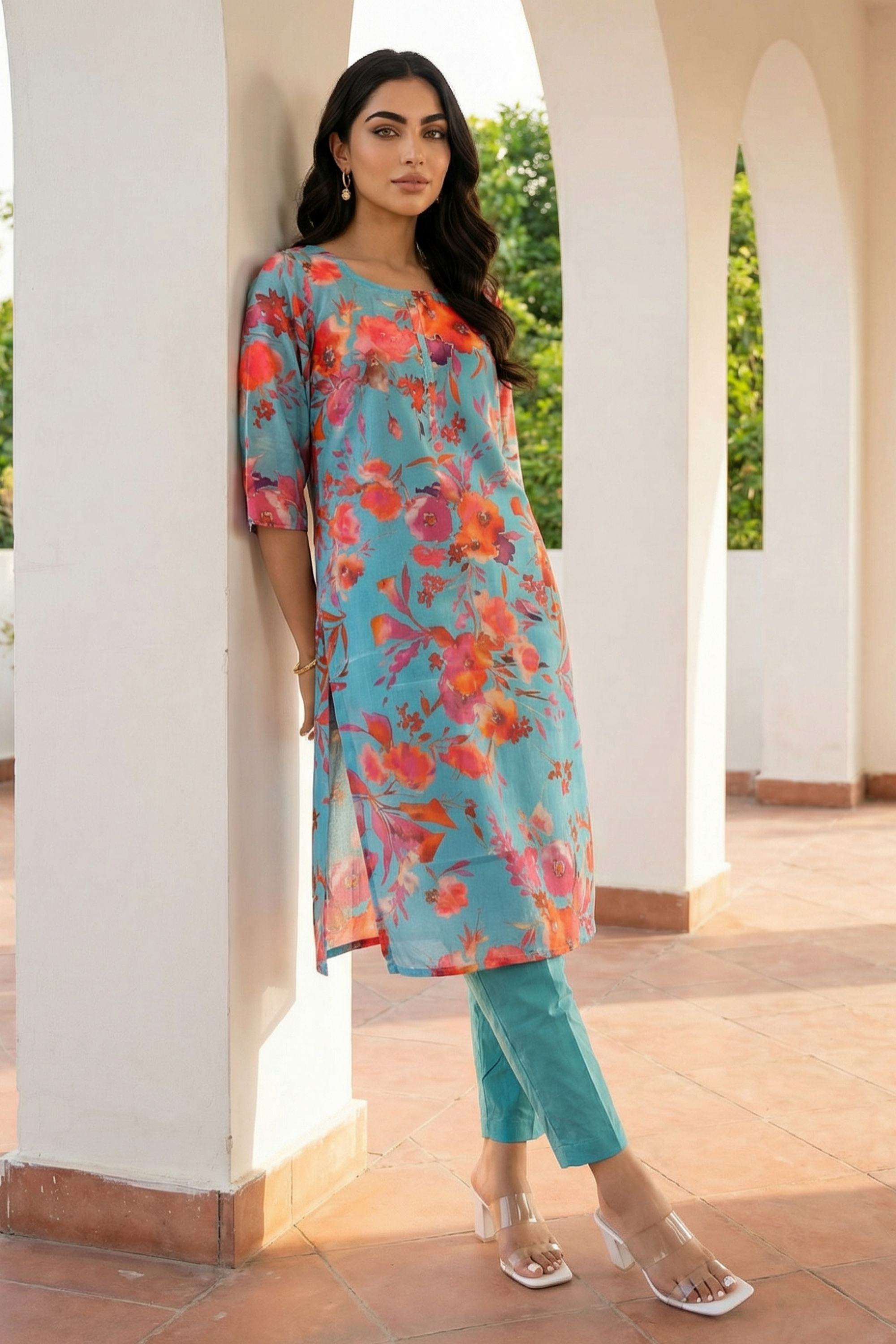 Floral-Blended-Fabric-Round-Neck-Women-Kurta-with-Pant