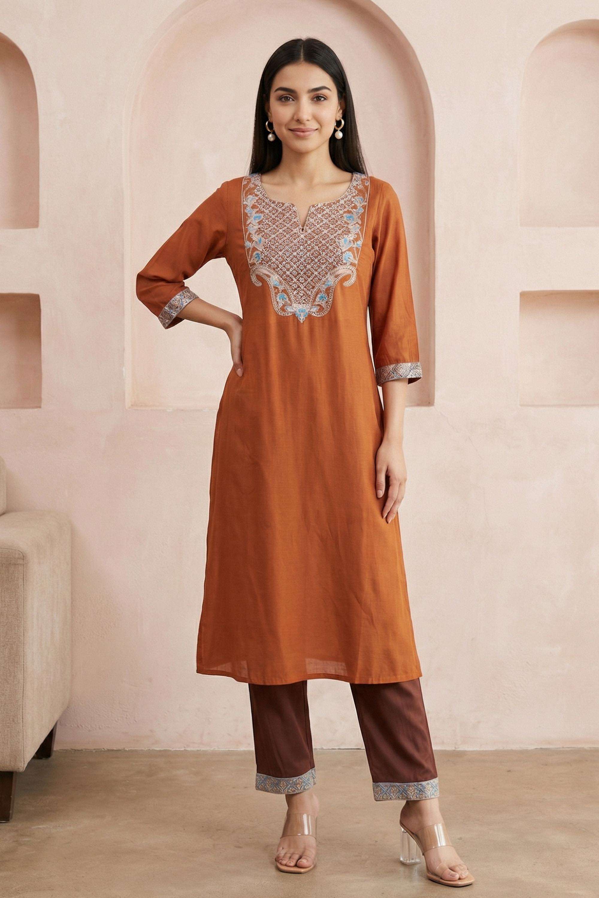 Embroidered-Viscose-Round-Neck-Women-s-Work-Kurta-Set