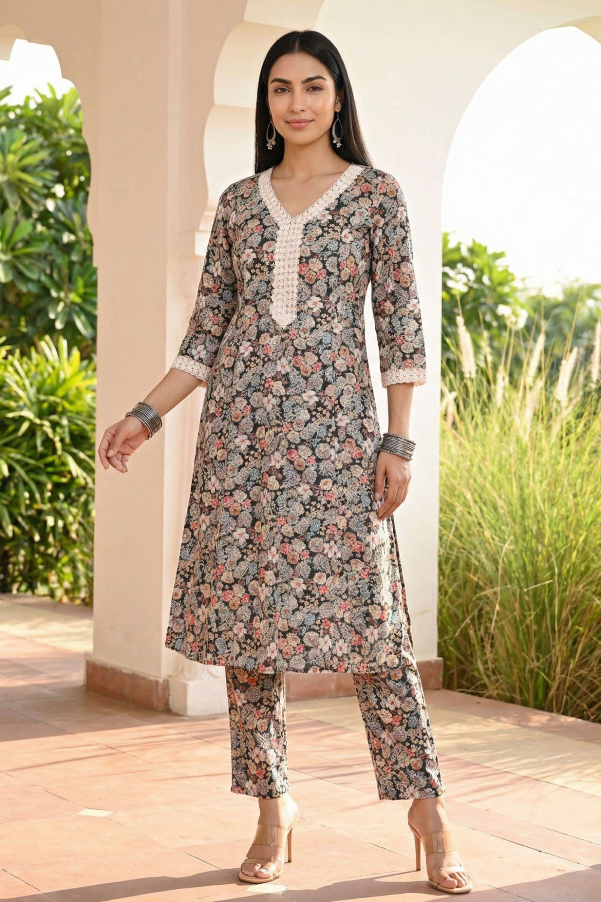 Floral-Rayon-V-Neck-Women-Kurta-with-Pant