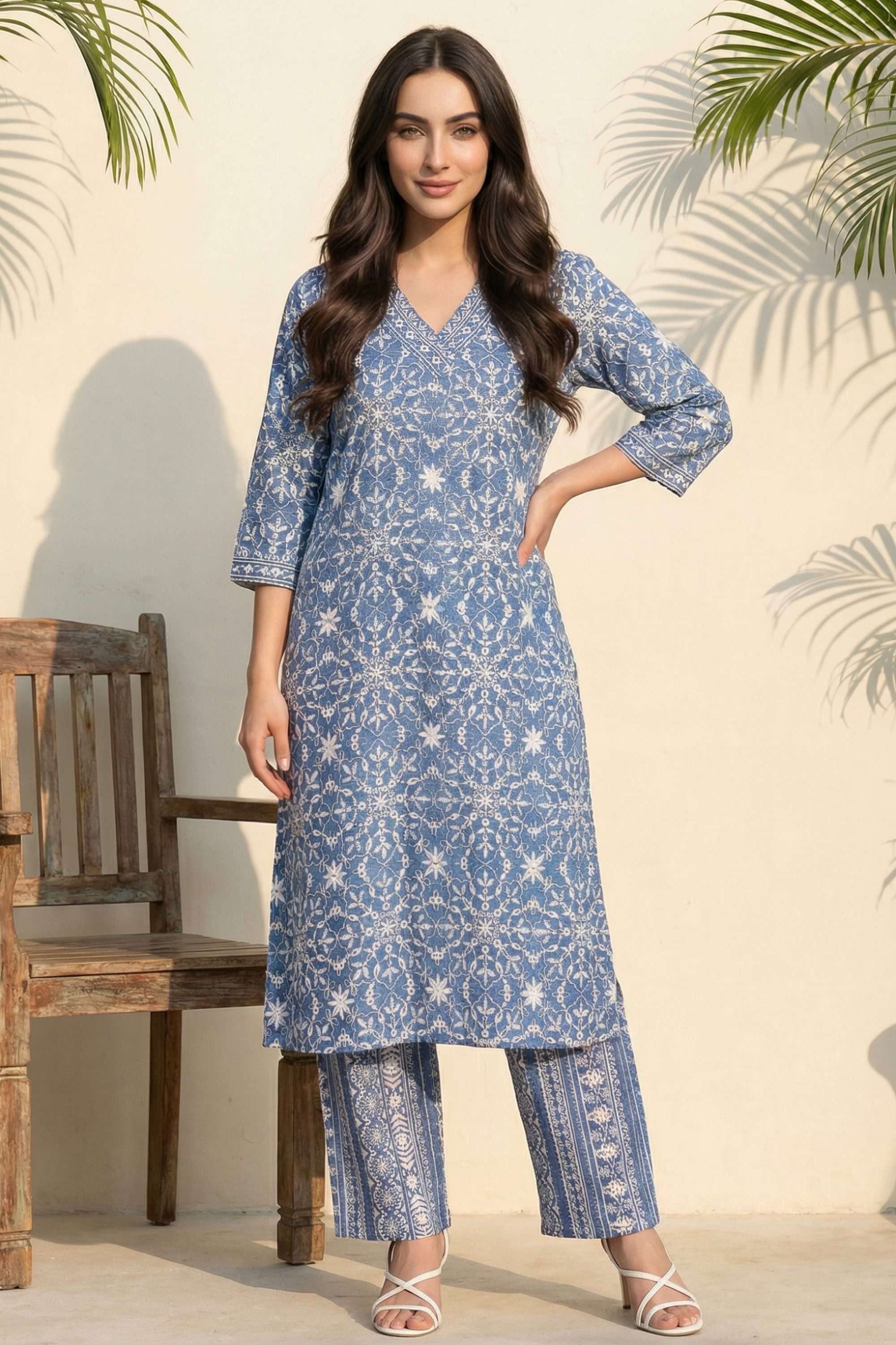 Printed-Blended-Fabric-V-Neck-Women-s-Festive-Wear-Kurta-Set