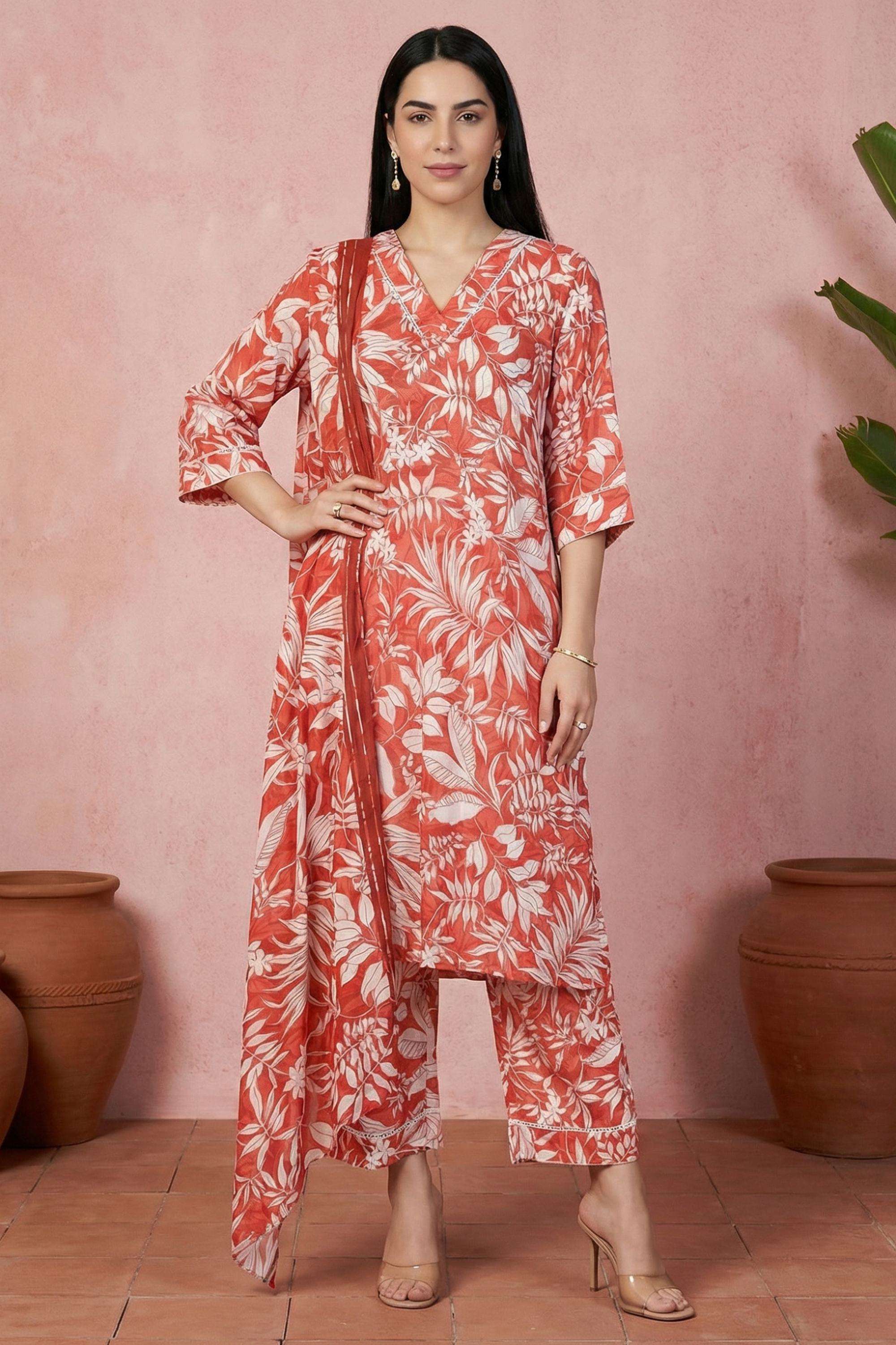 Floral-Rayon-V-Neck-Women-Kurta-with-Pant-and-Dupatta