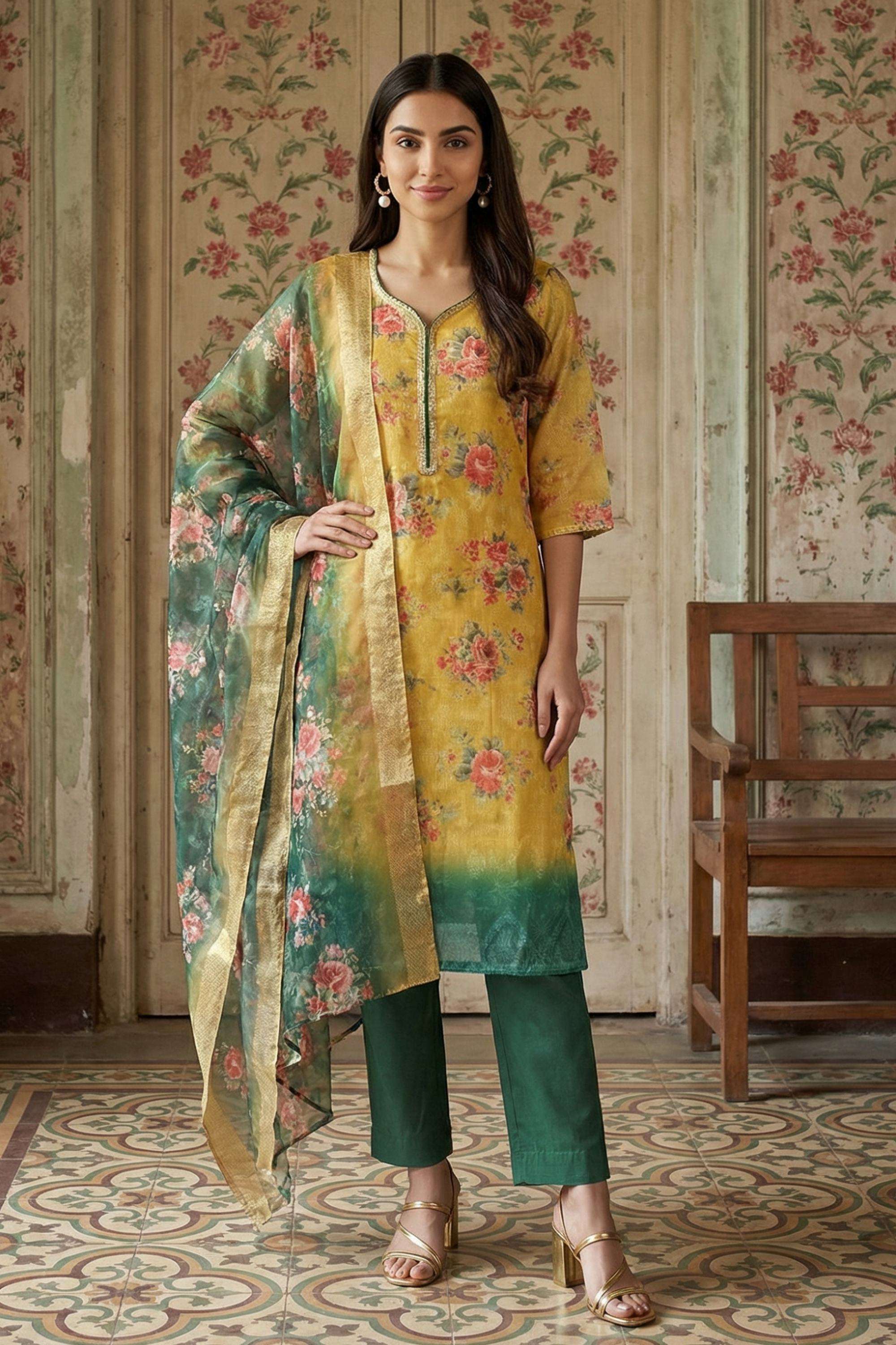 Floral-Blended-Fabric-V-Neck-Women-Kurta-with-Pant-and-Dupatta