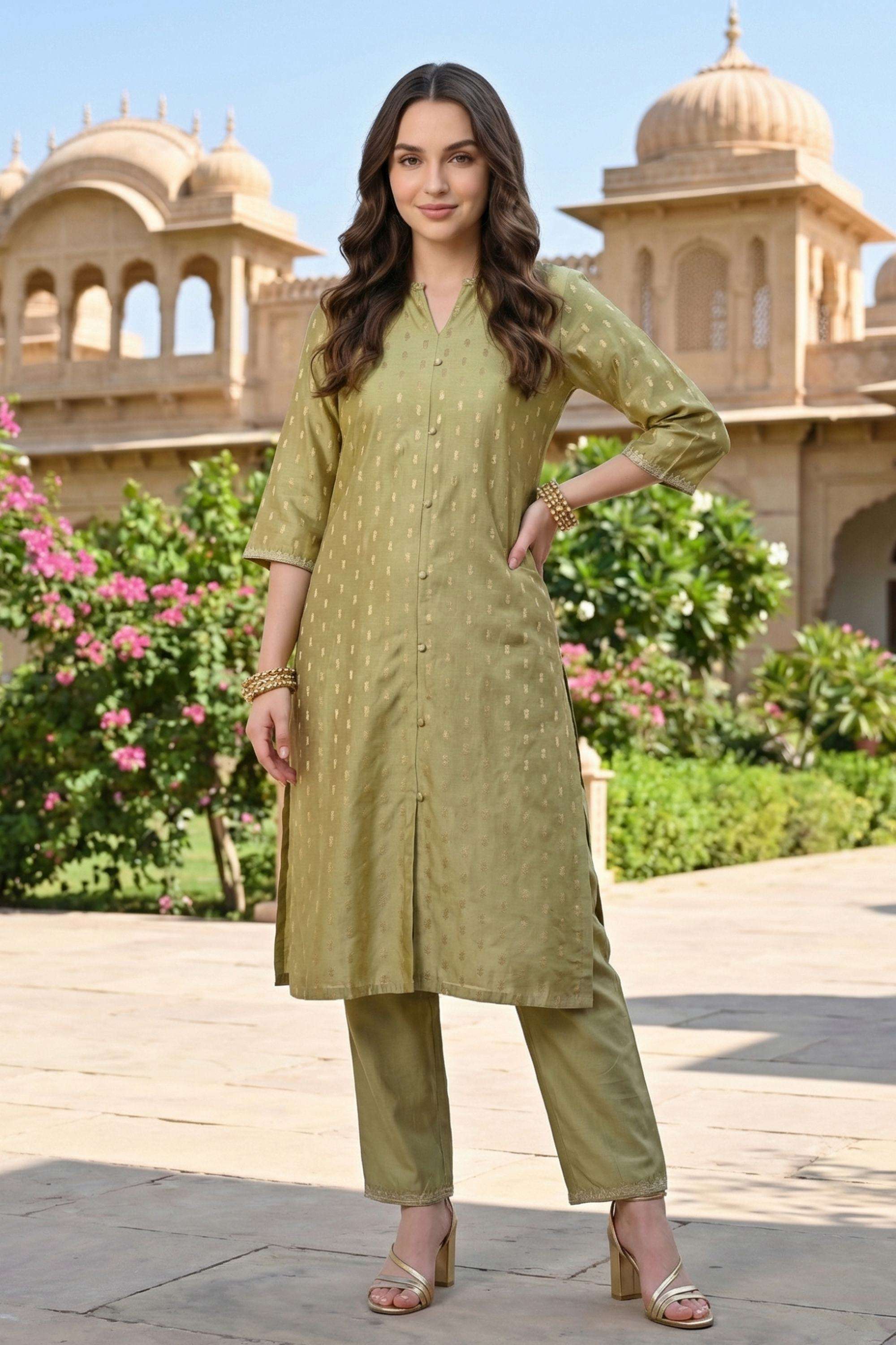 Textured-Chanderi-Collared-Women-Kurta-with-Pant