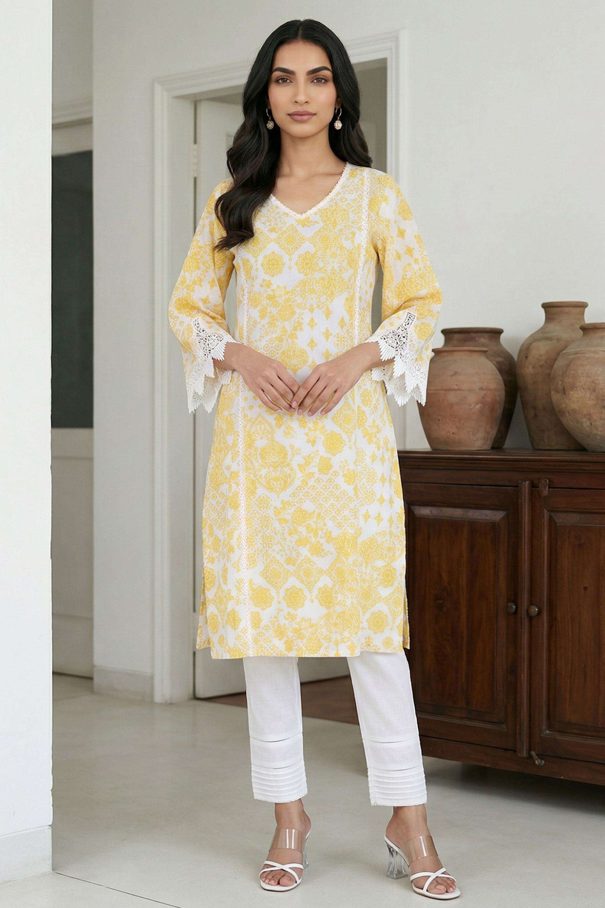 Floral-Blended-Fabric-V-Neck-Women-Kurta