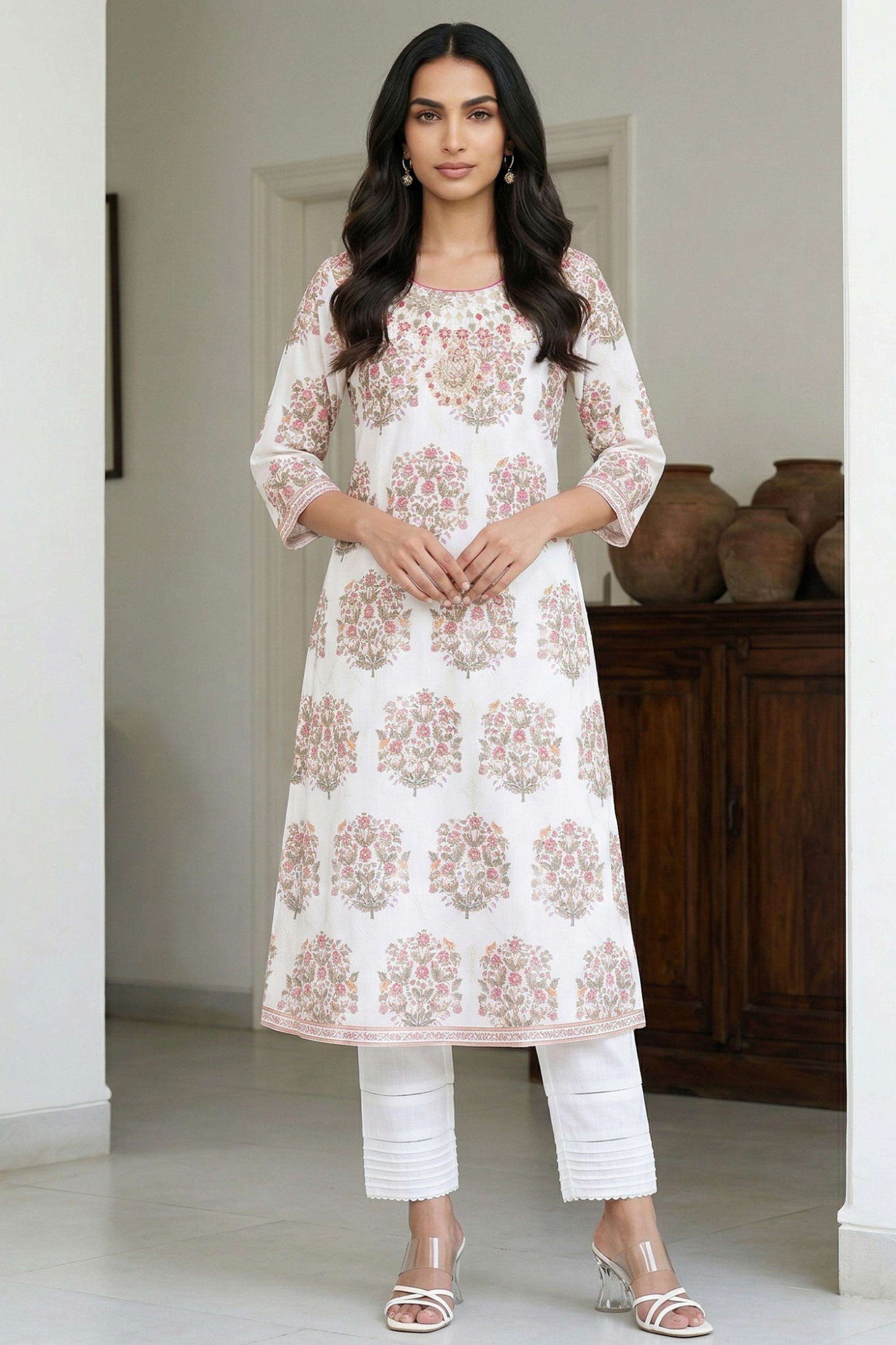Floral-Blended-Fabric-Round-Neck-Women-Kurta
