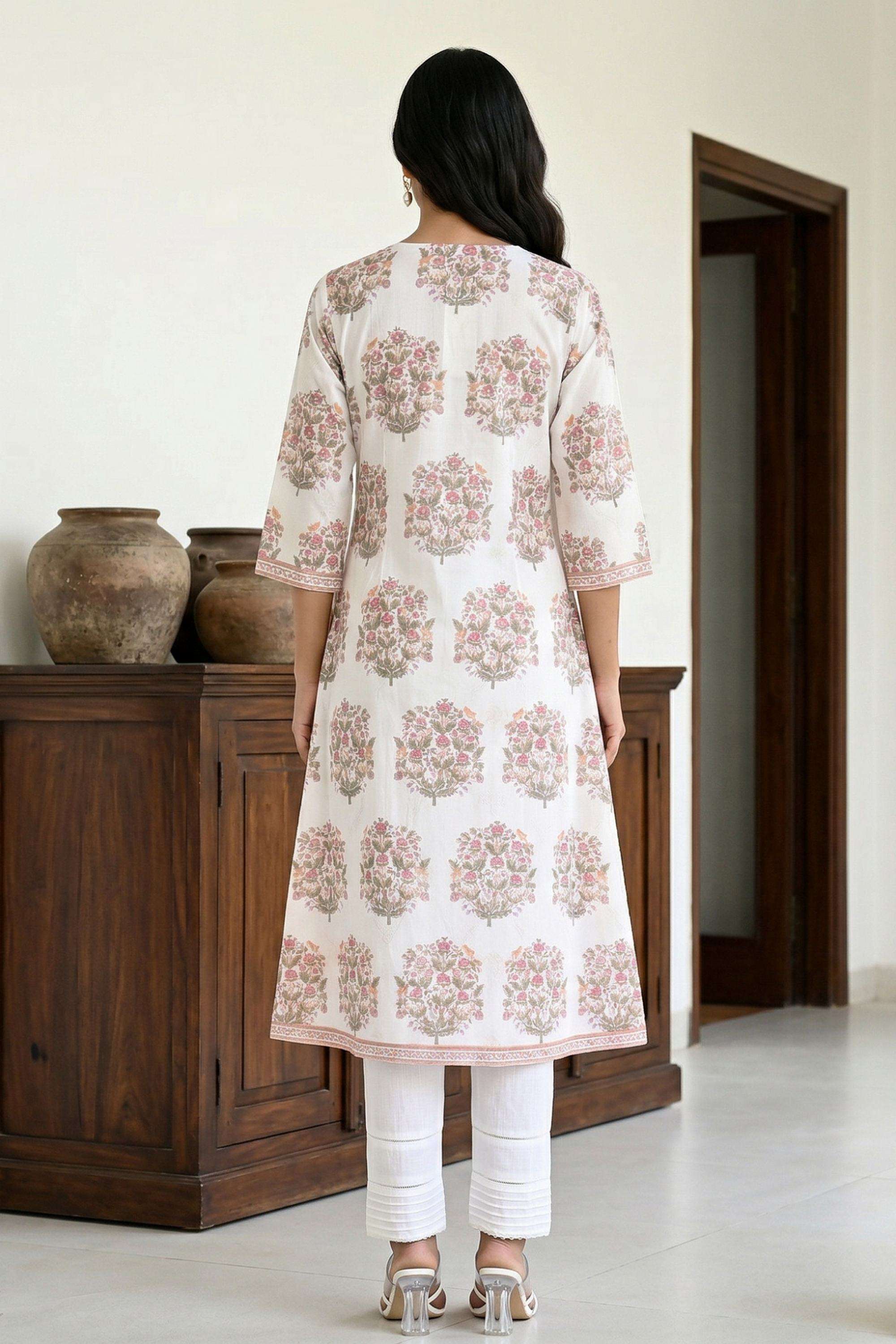 Floral-Blended-Fabric-Round-Neck-Women-Kurta