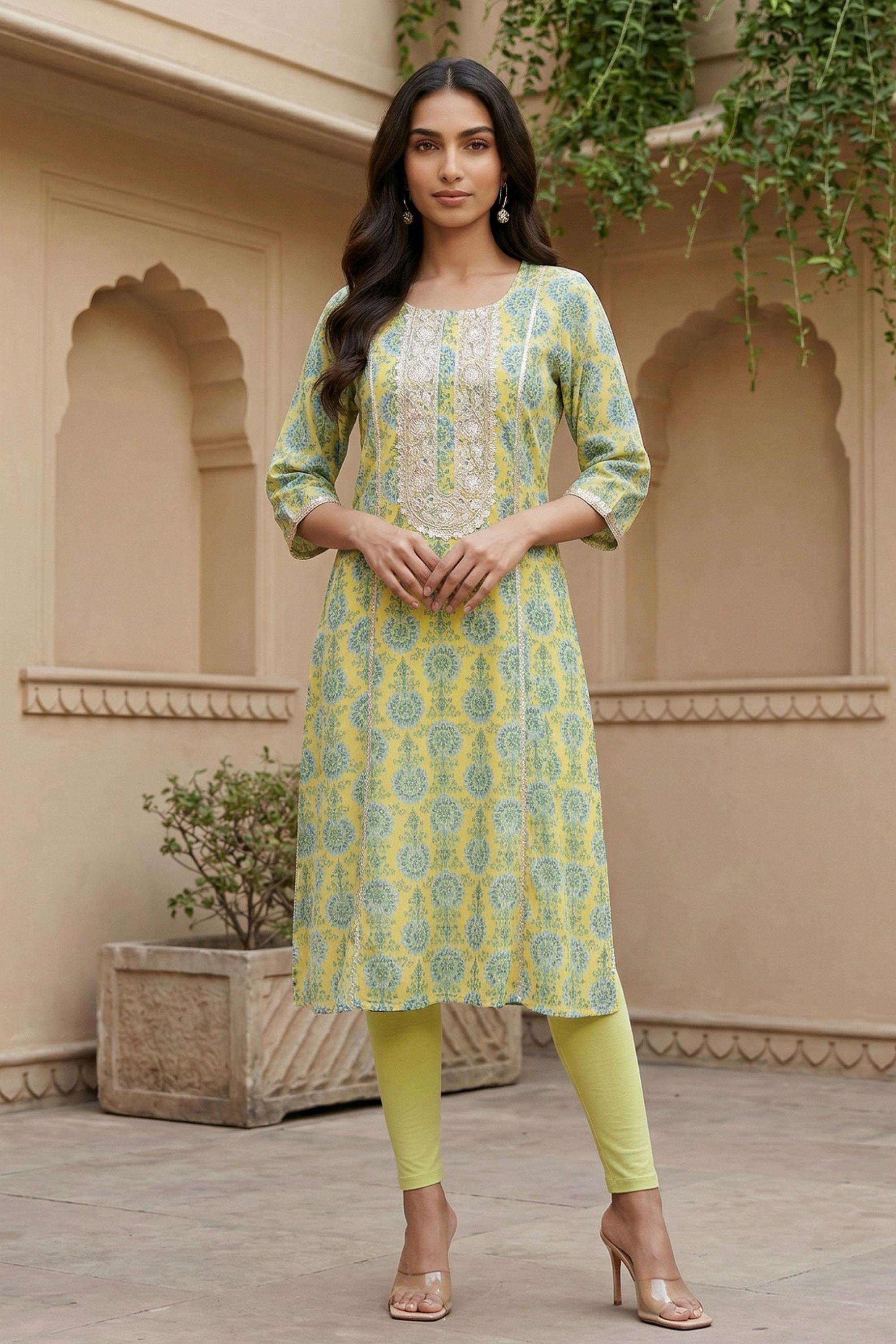 Floral-Blended-Fabric-Round-Neck-Women-Kurta