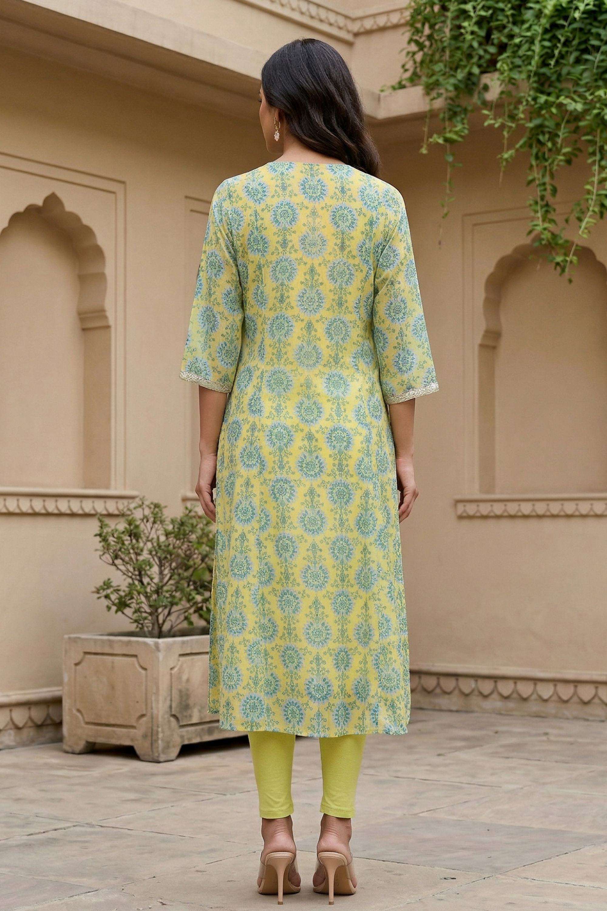 Floral-Blended-Fabric-Round-Neck-Women-Kurta