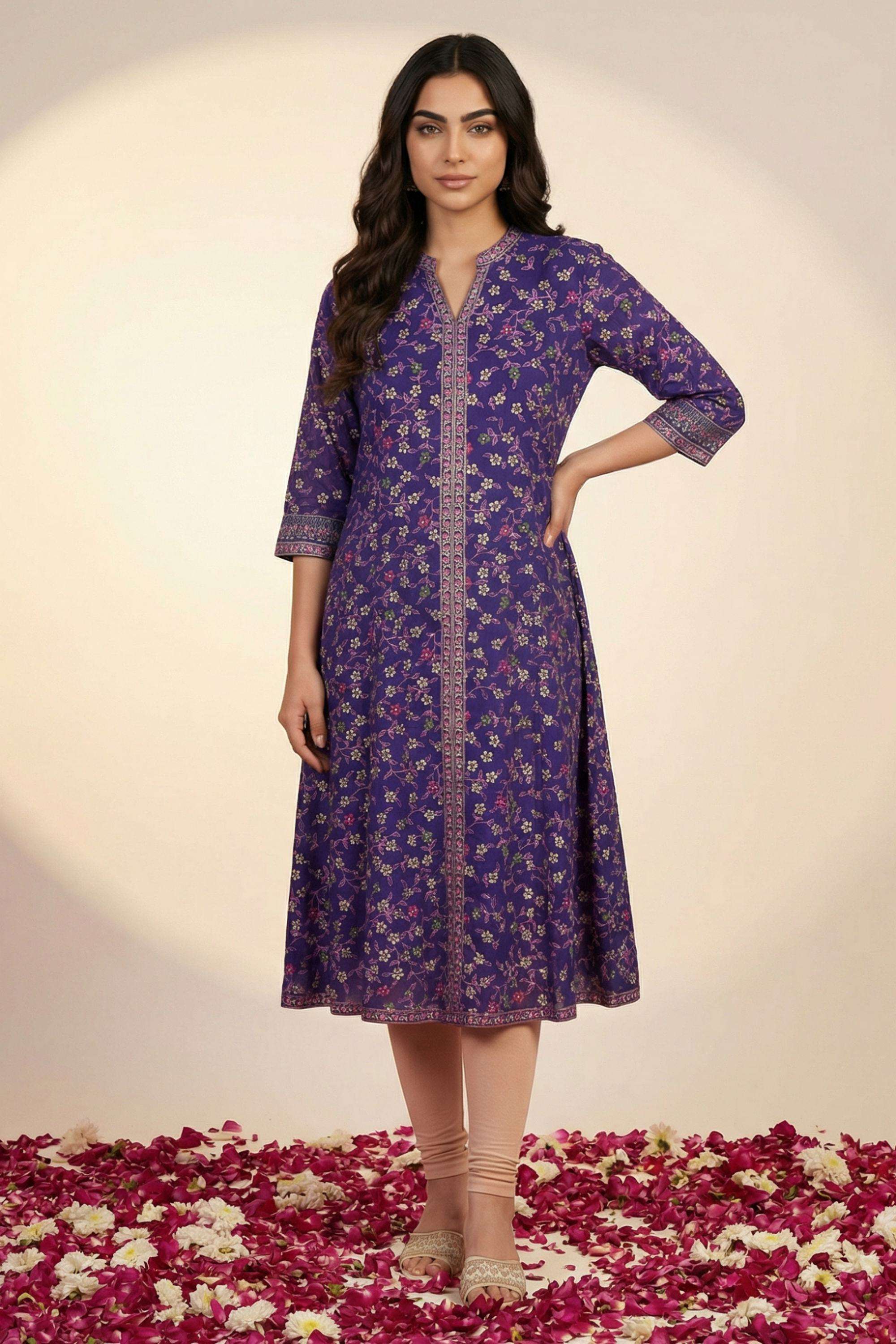 Floral-Blended-Fabric-V-Neck-Women-s-Festive-Wear-Kurta